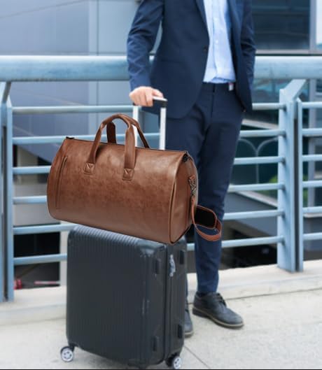 Leather Garment Bag,Convertible Garment Duffel Bag for Travel Mens Suit Bag 2 in 1 Waterproof Foldable Carry on Garment Bag with Shoulder Strap Weekender Bag with Shoe Pouch