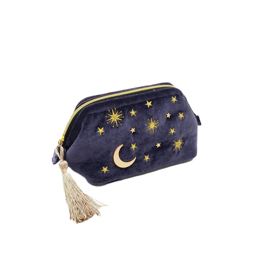SZZCX Handy cosmetic makeup bag,Navy Velvet Embroidered Applique Moon Stars Cosmetic Bag,Starry Makeup Pouch with Tassels & Pearl Zipper,Beautician Storage Bag