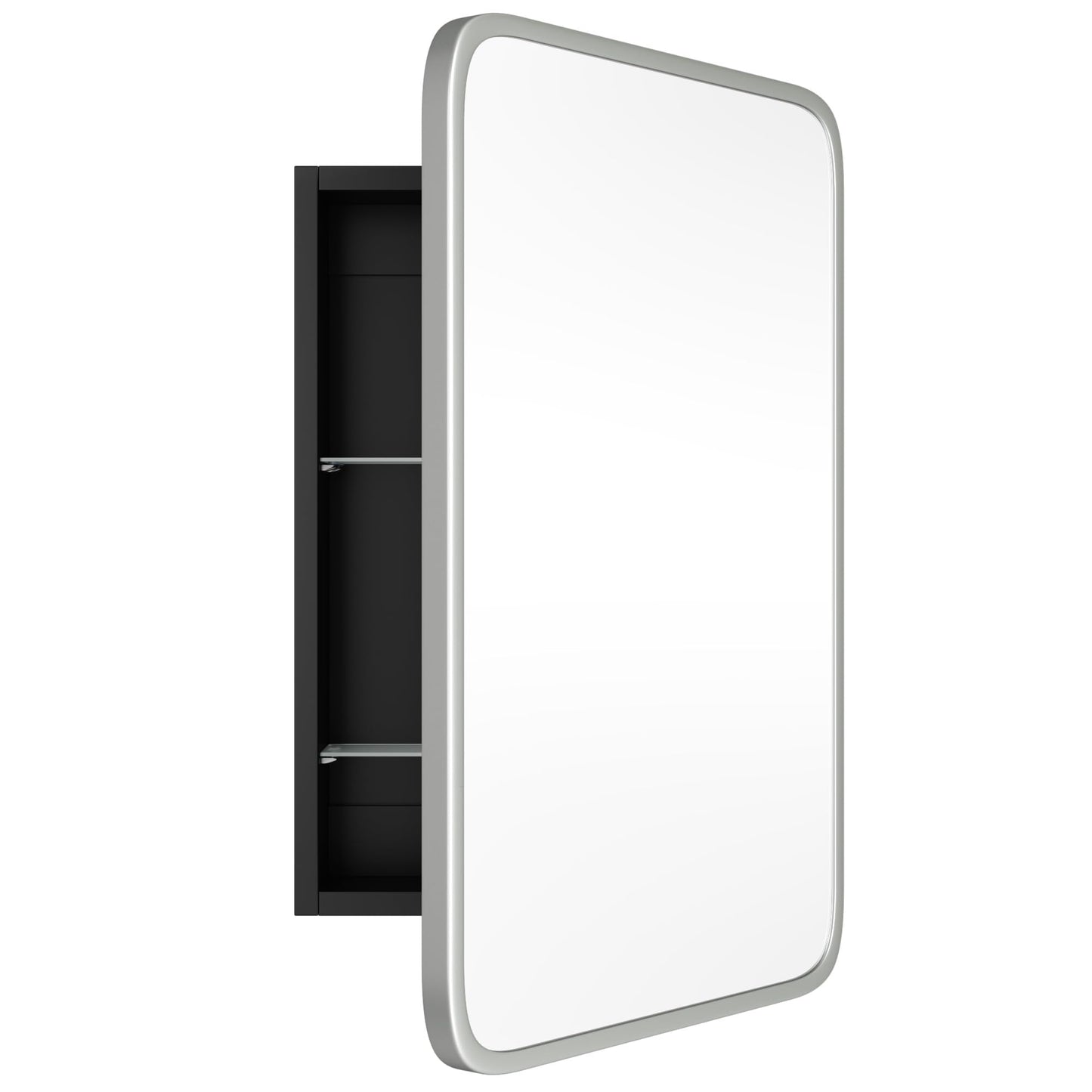 AGDULL Vintage-Style Bathroom Medicine Cabinet, Surface Mount or Recessed, Wood Wall Cabinet with Brushed Nickel Metal Frame Curved Mirror, Overall 16.5" W x 24" H
