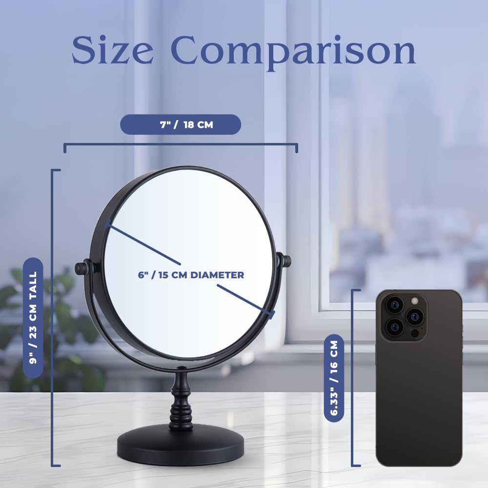 15X Magnifying Tabletop Mirror on Stand - Dual Sided 15x and 1x Cosmetic Mirror for Desk, Dressing Table, Bathroom Countertop - 6" Wide & 9" Tall (Black)