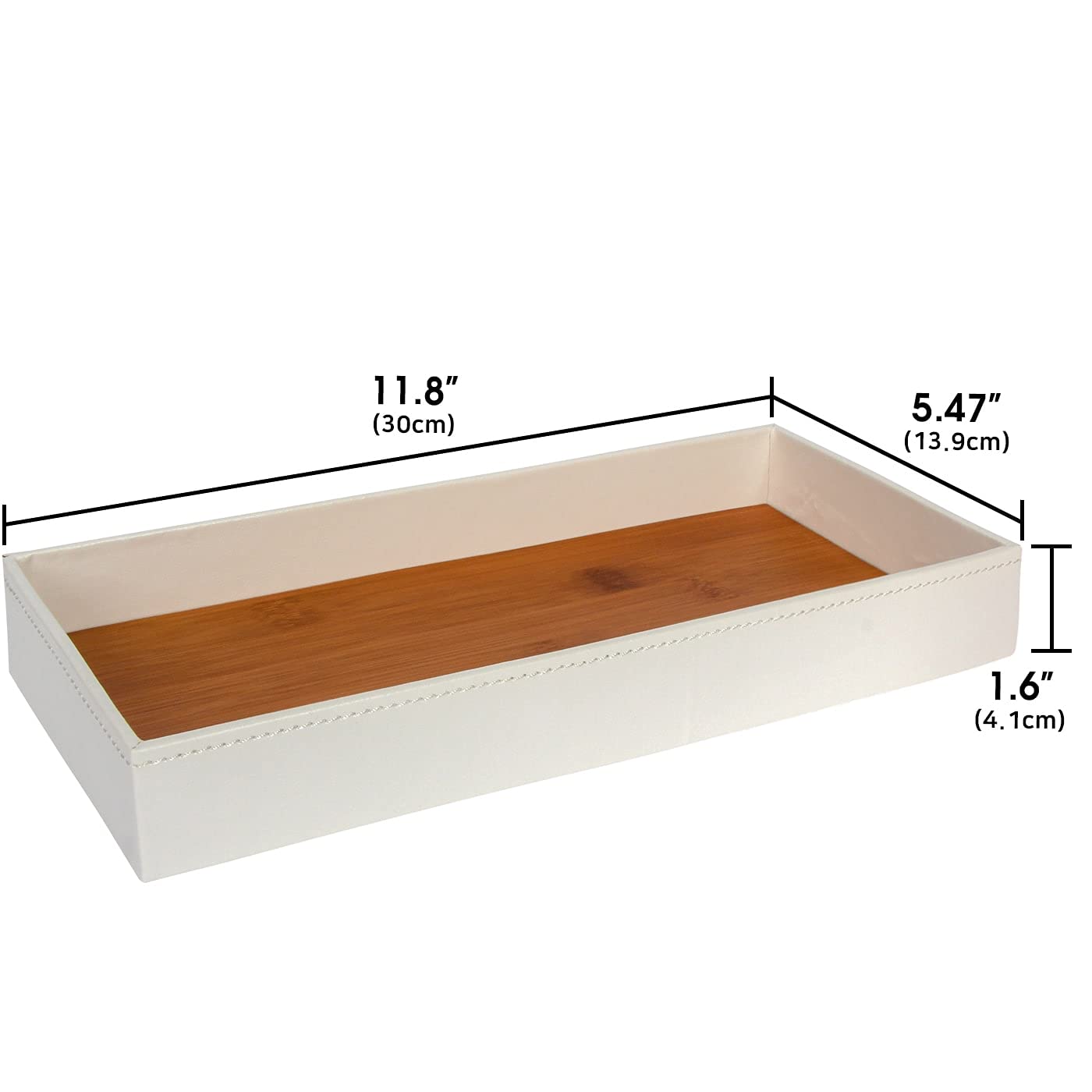 J JACKCUBE DESIGN Leather Bamboo Vanity Tray, Bathroom Organizer, Catch All Valet Tray for Women Perfume, Jewelry, Makeup, Candles, Key, Phone, Sunglasses (White)- MK205B