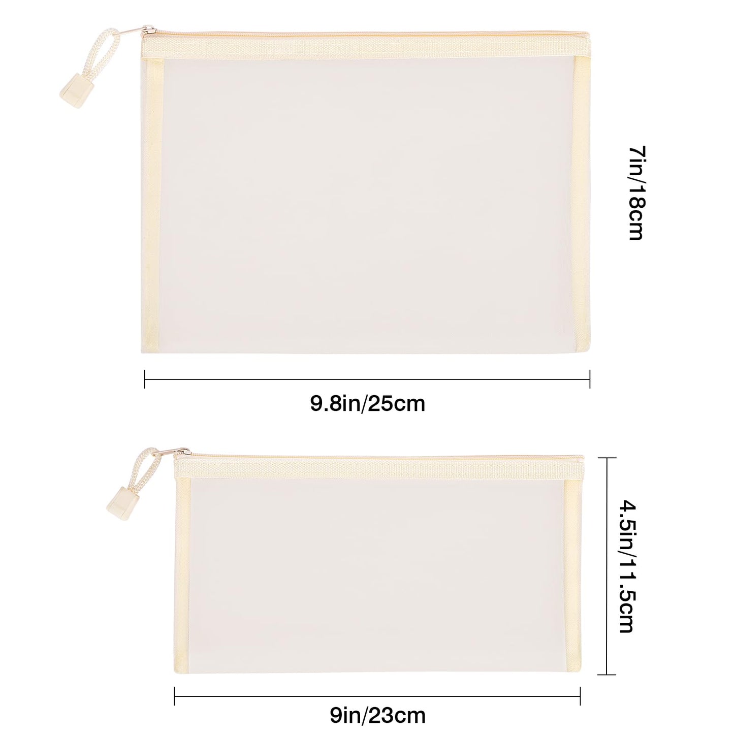Sinzip 12 Pieces Zipper Nylon Mesh Pouch, Mesh Cosmetic Bags Makeup Bags Pencil Case, Multipurpose Travel Bags for Cosmetic School Office Supplies and Travel Accessories (Beige, A5+B6)
