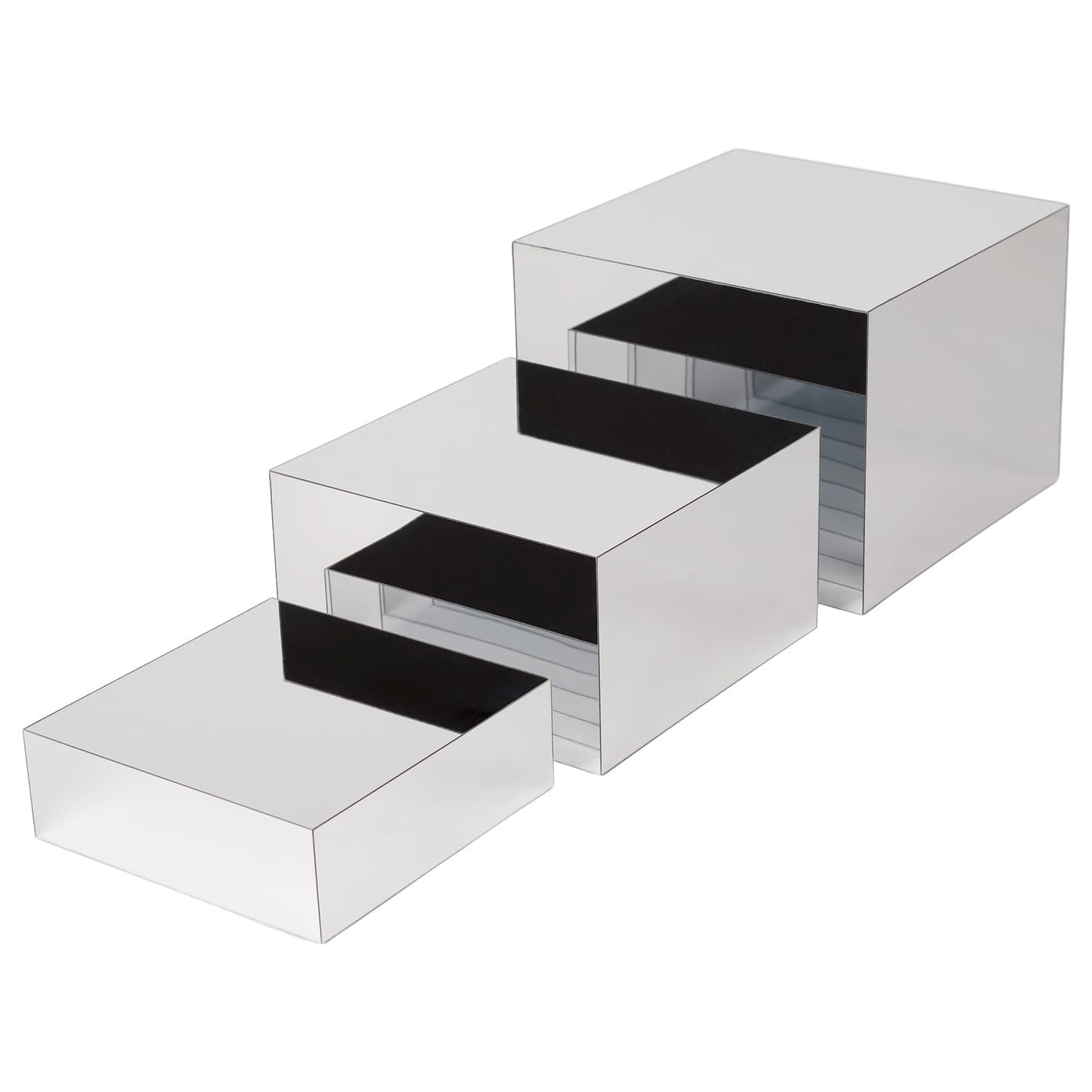 3 Pcs Silver Acrylic Risers Display Stands, Mirrored Nesting Cube Boxes Pedestal for Figures Collectible Jewelry Purse, Stackable Showcase Blocks, Food Display Buffet Risers for Dessert Cakes Catering