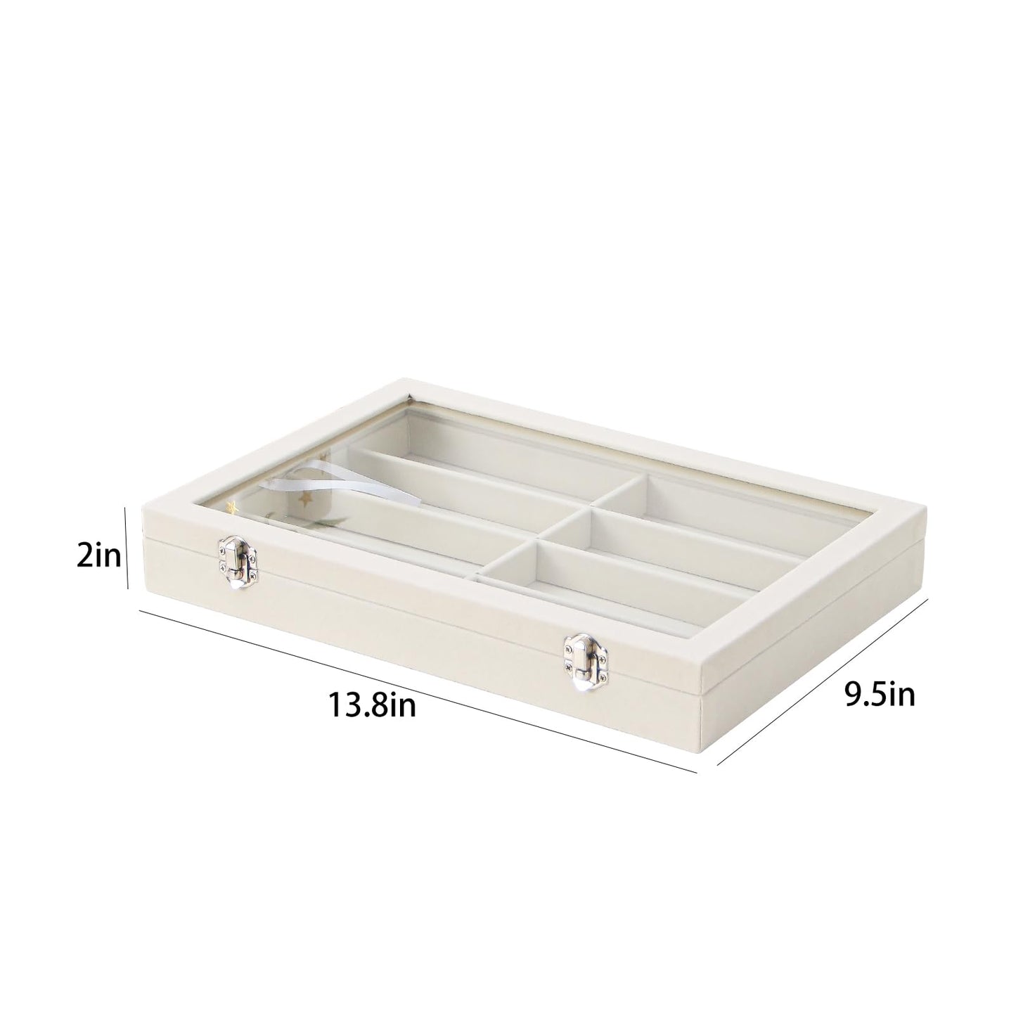 Coward Sunglass Organizer Tray Box, Beige Velvet Grids Eyeglasses Display Tray Case with Transparent Glass Lid for Home Use or Store Shop Selling Show