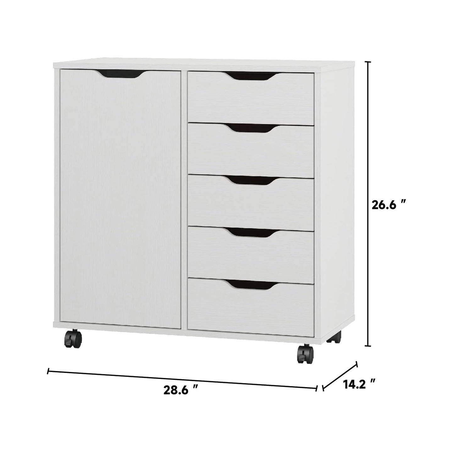 Panana 5-Drawer Chest with 1 Door, Wooden Chest of Drawers Storage Dresser Cabinet with Wheels, Office Organization and Storage, Bedroom Furniture (White-S)