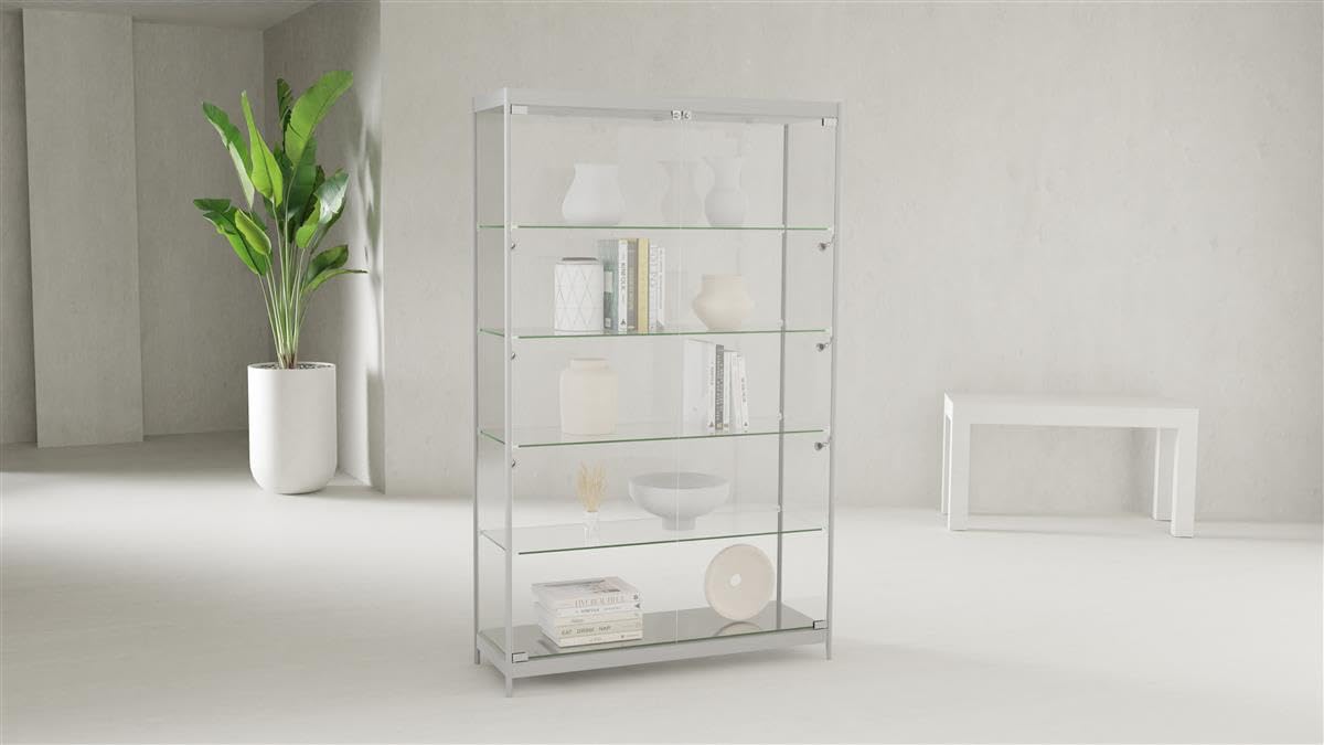 Displays2go Tempered Glass Display Cabinet with LED Lights, 48”W x 78”H – Anodized Aluminum & Melamine Shelving – Modern Display Case for Collectibles, Home Décor, and Retail – Silver