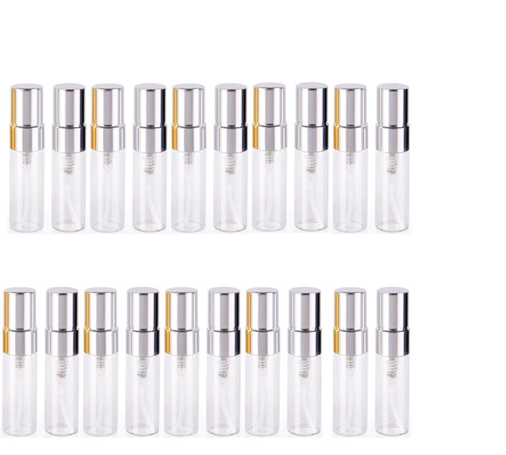 Atomizer Glass Spray Bottle, 3ml Refillable Fragrance Perfume Mini Fine Mist Travel Small Empty Clear With Aluminum Nozzle, 20pcs (Silver)