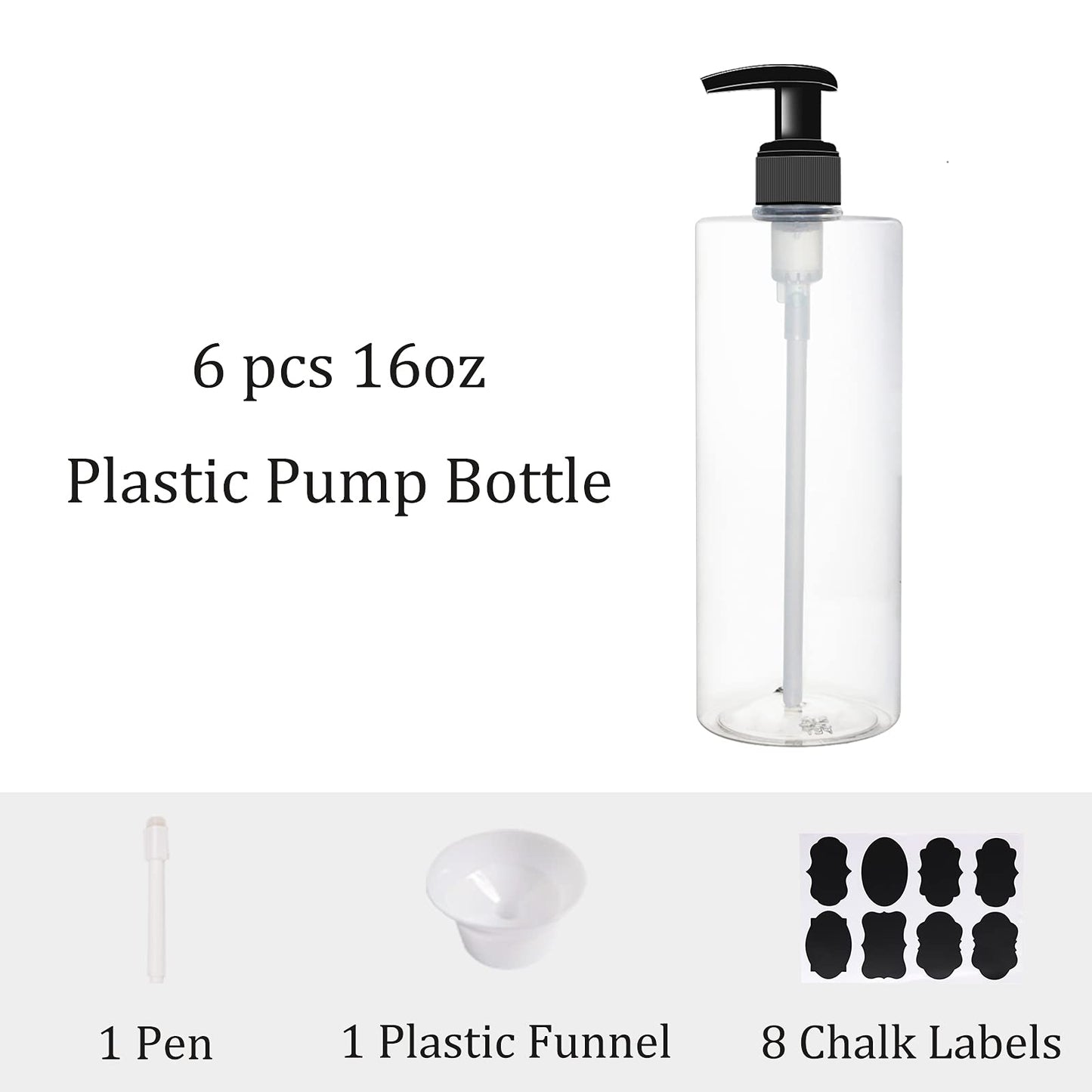 BPFY 6 Pack 16 oz Plastic Pump Dispenser Bottles for Massage Oil, Shampoo, Lotions, Body Wash Pump Bottles, Hand Sanitizer Refillable Containers with Pump, 1 Funnel, 8 Chalk Labels