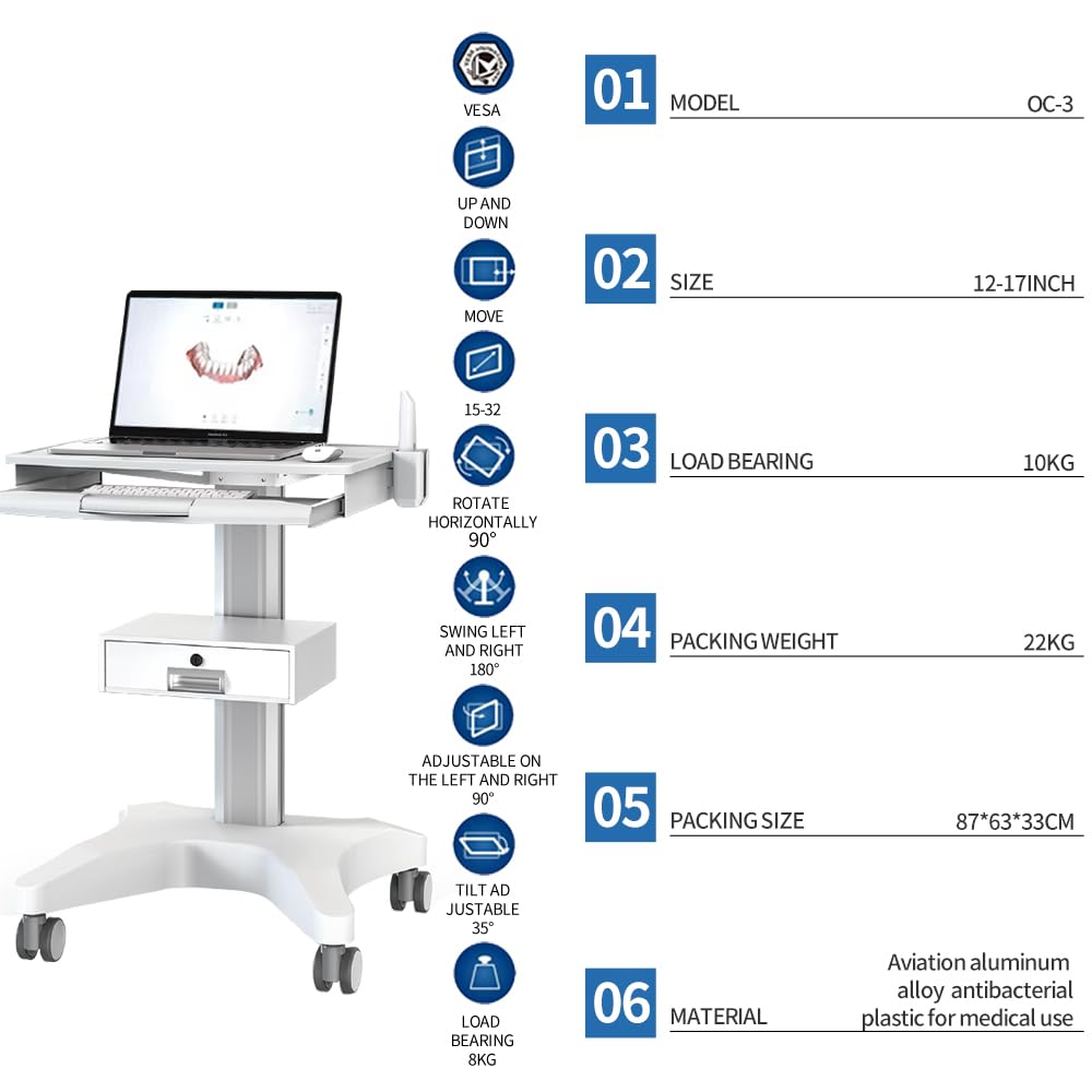 QUUIUO Hospital Medical Trolley Mobile Laptop Pallet Cart with Oral Scanner Holder Height Adjustable Workstation for Dental Clinic Hospital Beauty