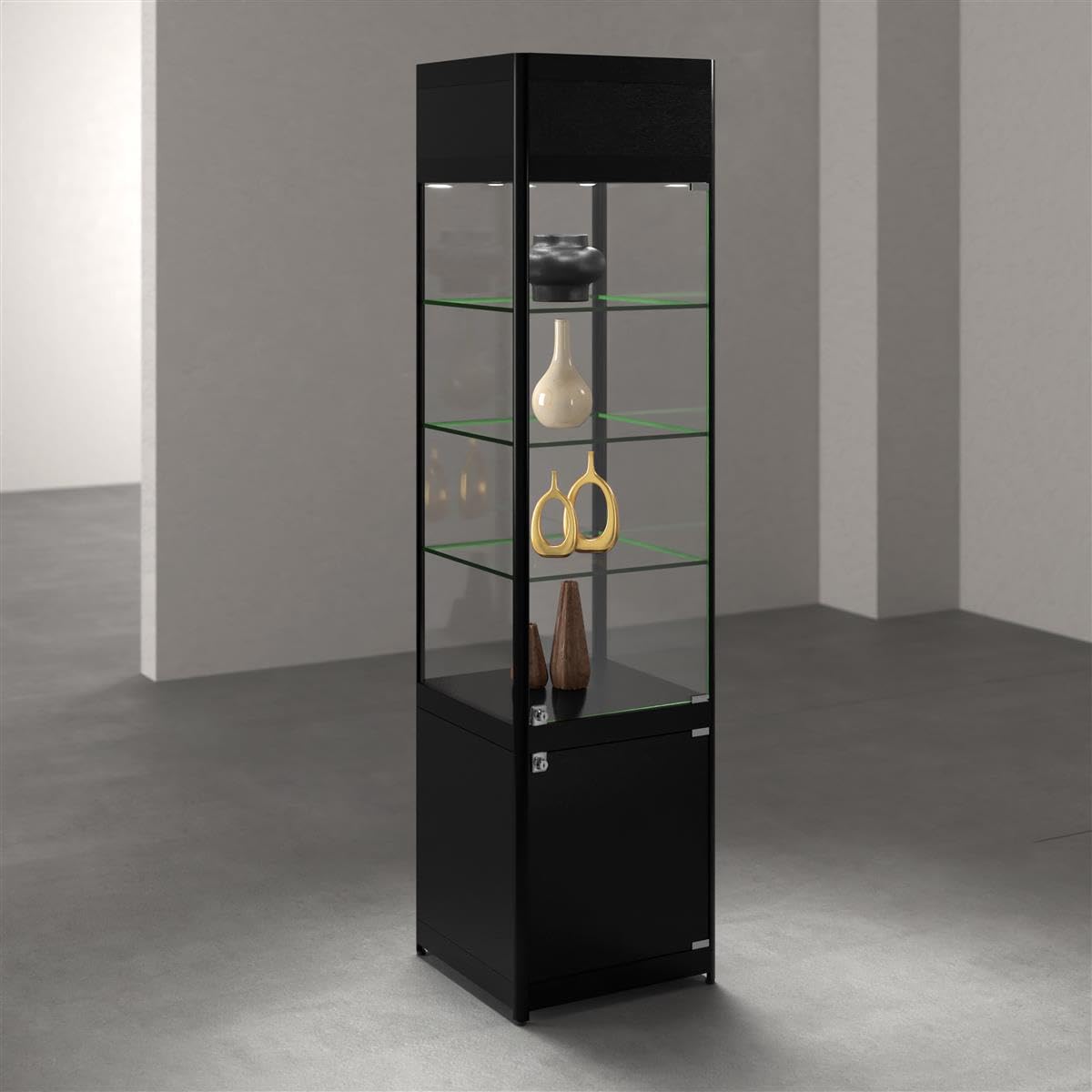 Displays2go, Glass Store Tower with LED Lighting, Laminated MDF, Tempered Glass Construction – Black (SCTWRLEDB)