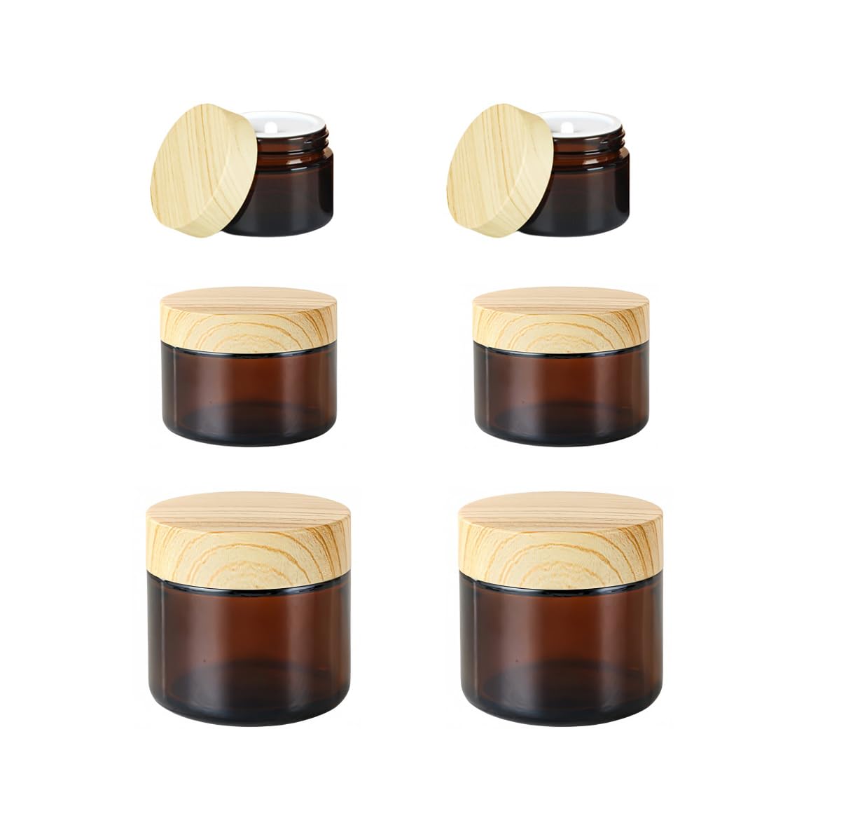 6 Pack 2 oz Amber Glass Cream Jar with Wood Grain Lids,60g Empty Refillable Cosmetic Containers Jar for Cream,Sample,Powder,Lotion,Body Butter,Ointments,Small Glass Jars Travel Containers