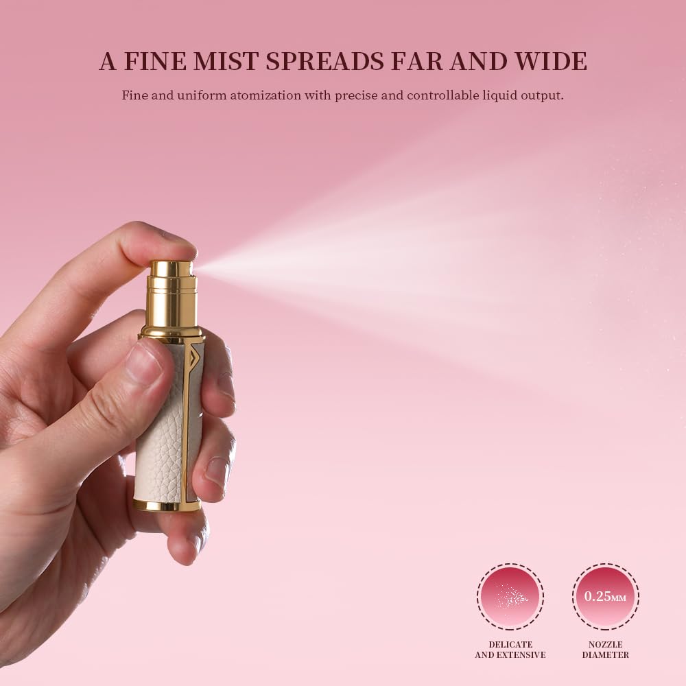 DIOHIO Atomizer Perfume Spray Bottle Refillable - 5ml Glass Inner Bottle with Premium Leather Case, Portable Travel Sprayer for Fragrance Lovers (White-Pink)