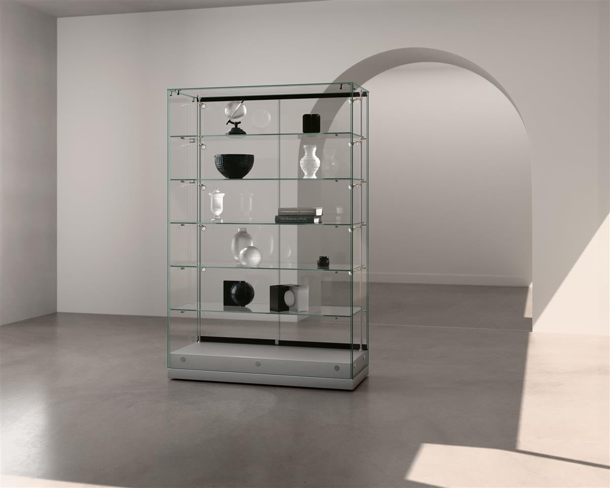 Displays2go Tempered Glass Display Cases with Lighting, Full Vision, Locking, Painted MDF Base – Silver