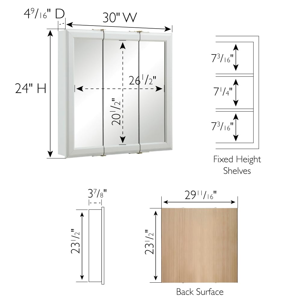 Design House Wyndham Bathroom Medicine Cabinet with Mirror, 30 Inch Wall Mount Medicine Cabinet, 3 Mirrored Doors, Bathroom Wall Cabinet with Storage, White, 30" W x 4.5" D x 24" H, 535864-WHT