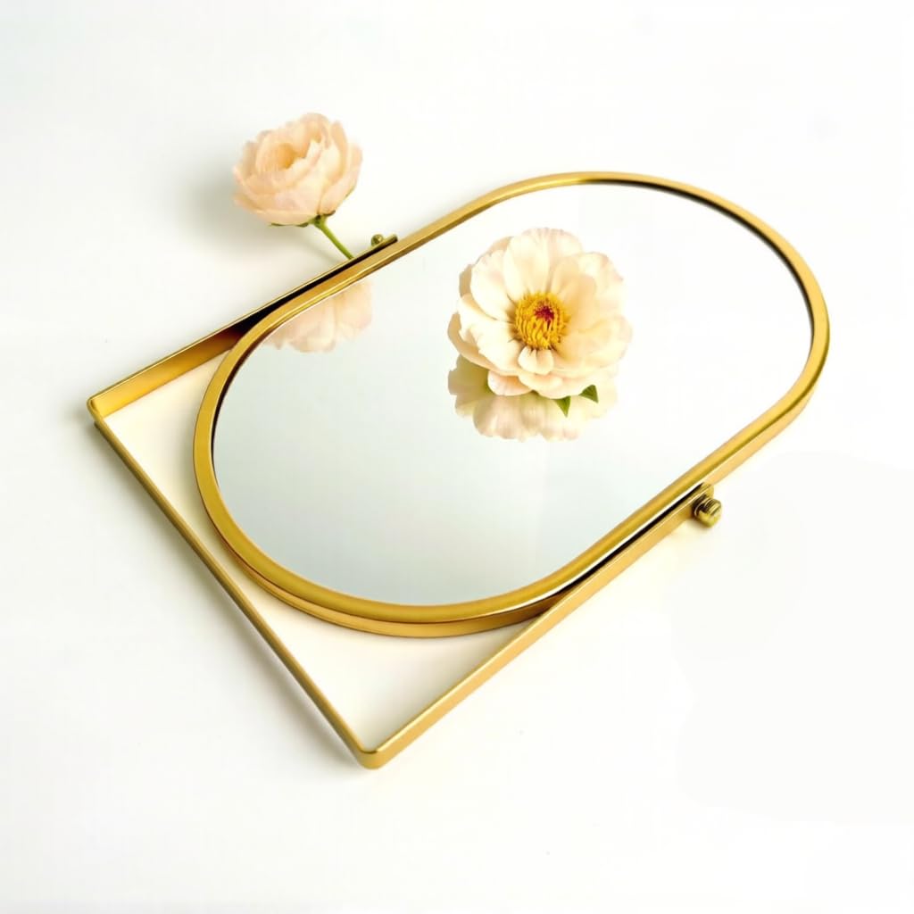 yxyzylzrx Gold Oval Vanity Mirror, 360° Rotation 180° Tilt Adjustable Desktop Makeup Mirror with Metal Frame, Decorative Standing Mirror for Bedroom, Bathroom, Living Room