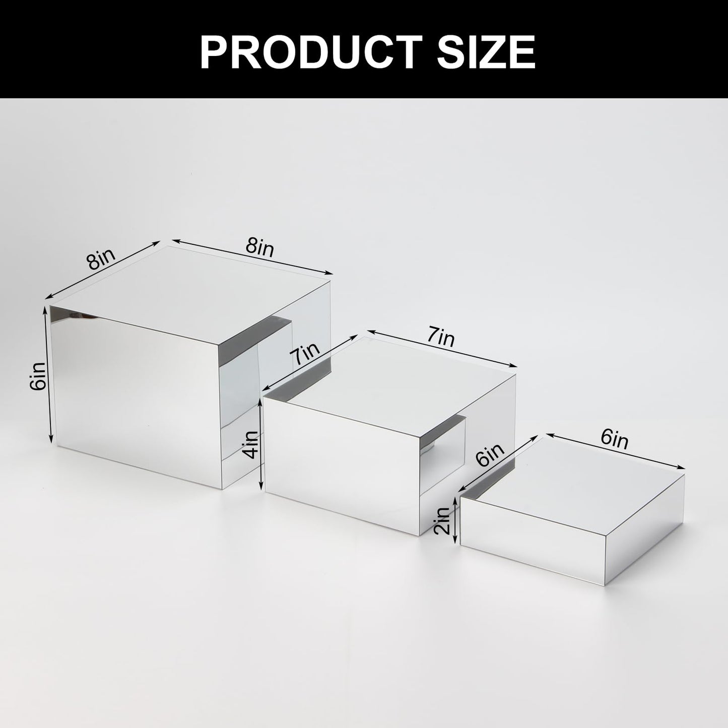 KCGANI Acrylic Silver Mirror Display Riser, 3 Pcs Glossy Silver Risers for Display Food Display Lifter Nesting Display Risers Hollow Bottom, Acrylic Box Rack Perfume Cosmetics Collection Stand