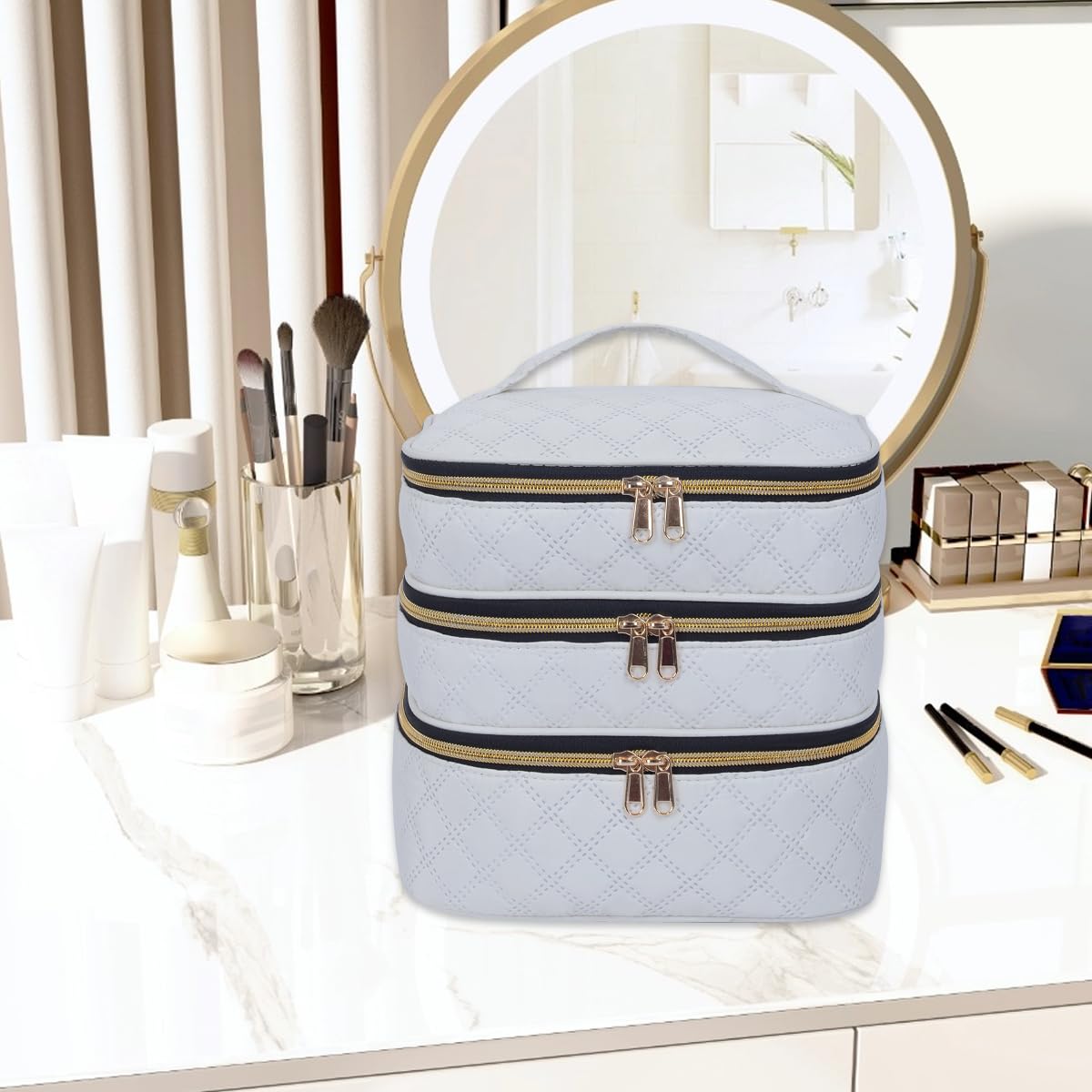 LANDFOBO Large Makeup Bag 3 Layers with Handle Travel Organizer Case(Beige)