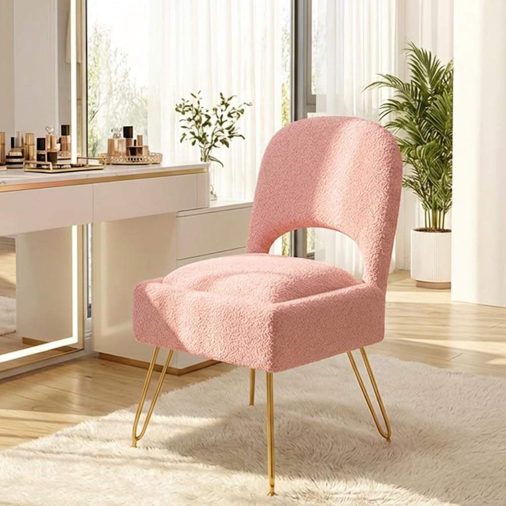 Furnistyle Vanity Chair with Storage & Folding Backrest, Cute Pink Faux Fur Vanity Stool, Comfy Padded Make Chair for Makeup Bedroom, Adjustable Back & Plush Cushion Seat,16.6" Wide 11L Storage Space