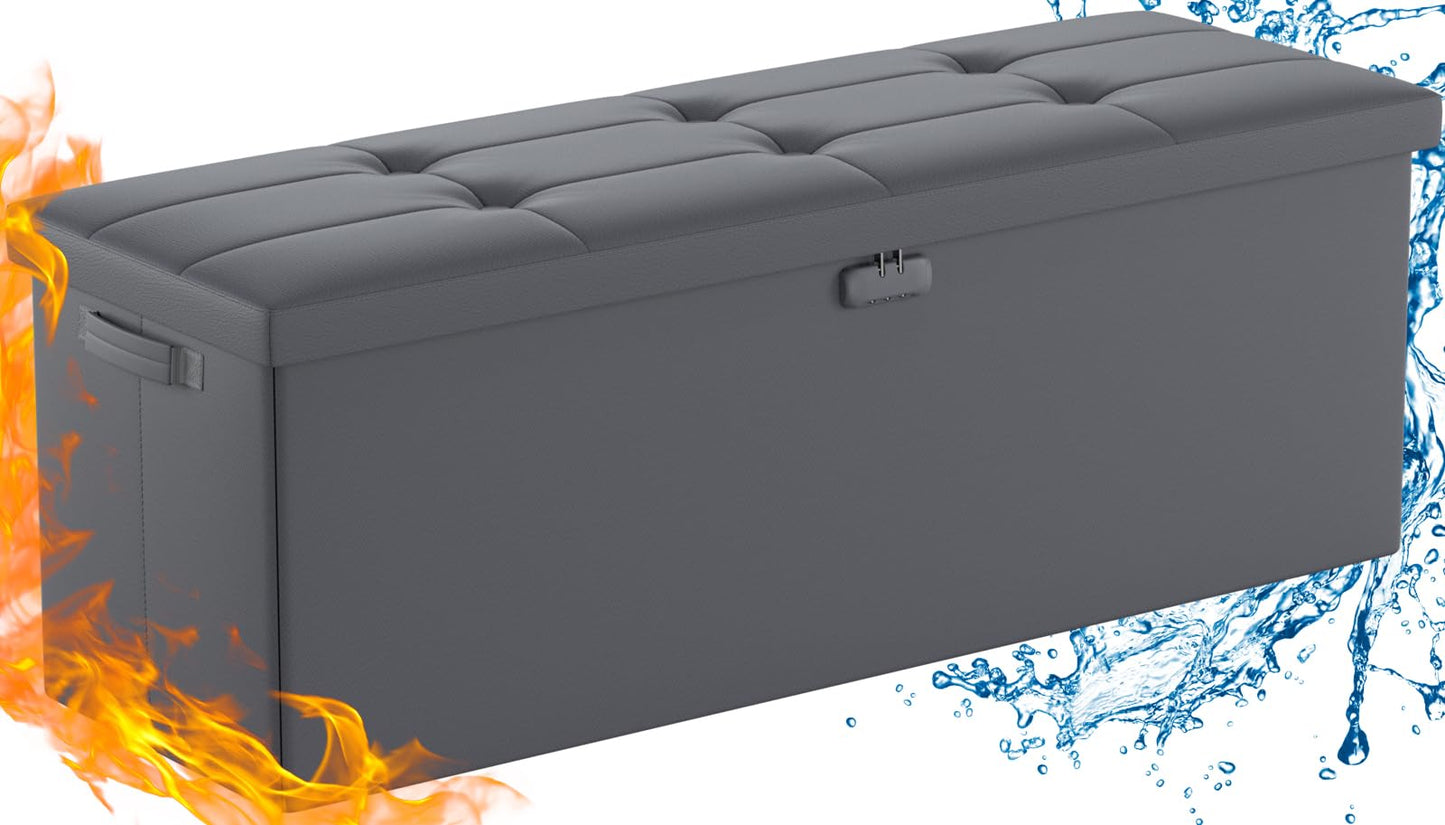 DocSafe Storage Ottoman Bench, Fireproof&Waterproof Folding Bench with Lock(15”x 43”x15”), Leather Storage Chest with Handles&2 Extra Boxes, Ottoman Safe for Bedroom,Living Room,Home Office, Gray