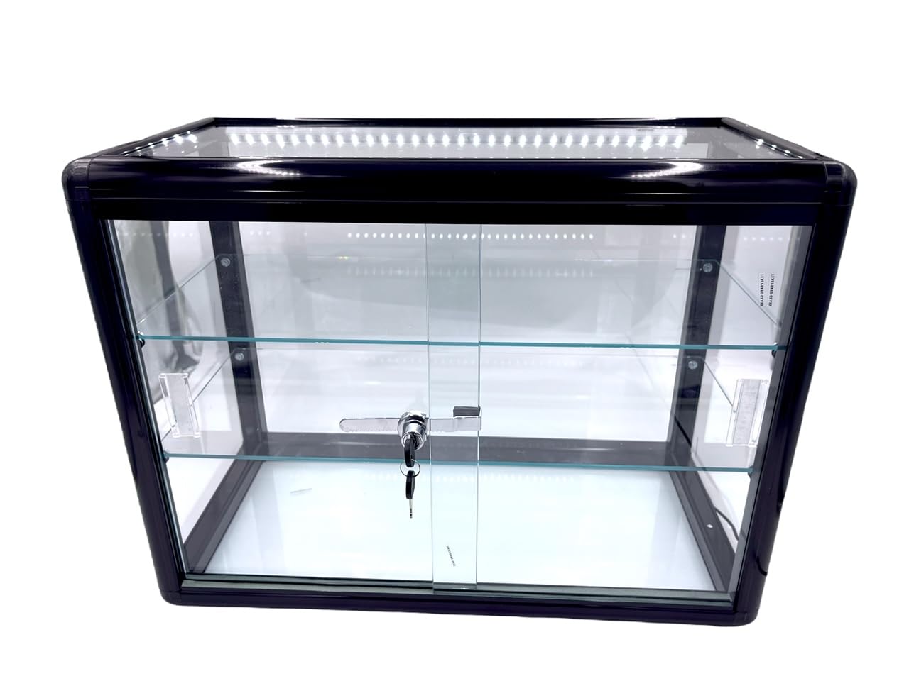 Elegant Black Aluminum Display Table Top Tempered Glass Show Case. Sliding Glass Doors with Lock - Option with LED Lights (with LED Lights)