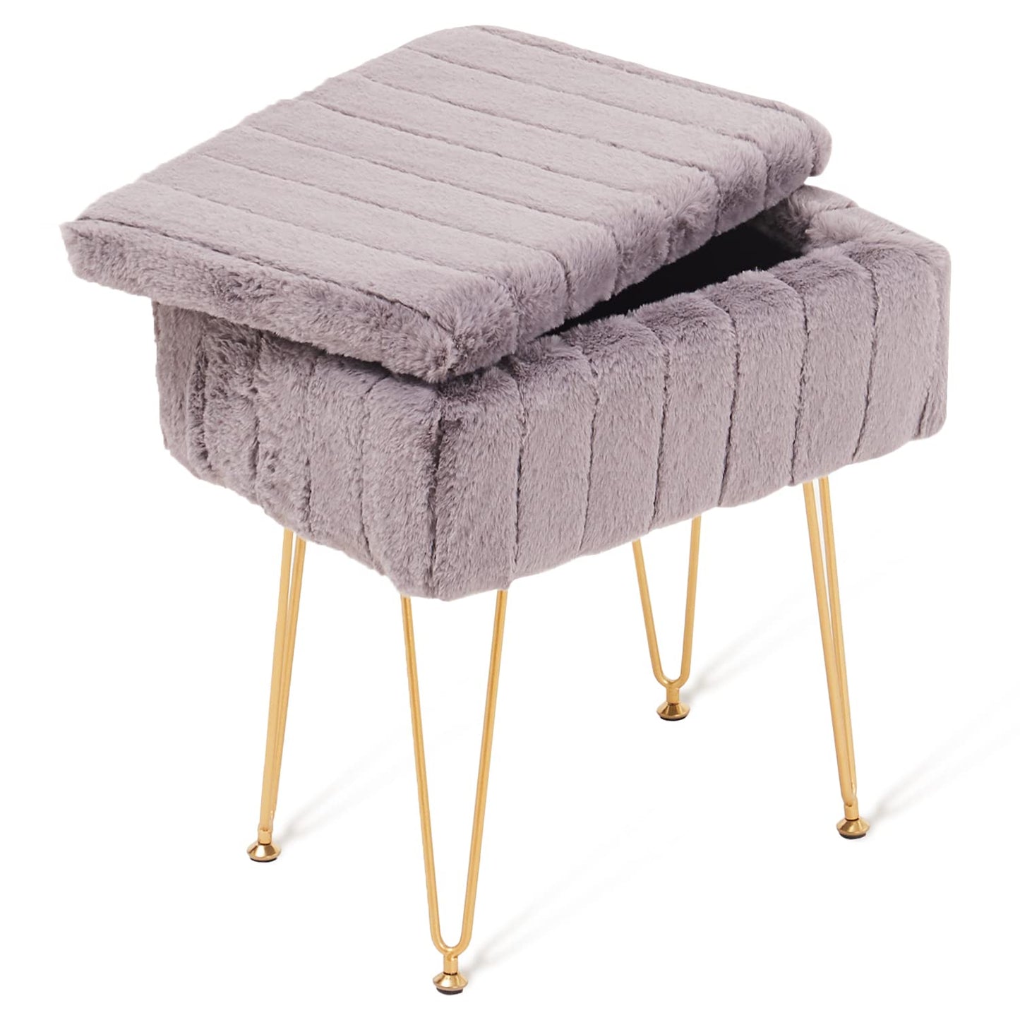 Wimarsbon Faux Mink Fur Storage Ottoman, Modern Soft Footstool, Storage Bench with Metal Legs, Vanity Seat, Fur Stool, Ottoman Coffee Table, Makeup Chair, Vanity Stools for Bedroom (Grey)