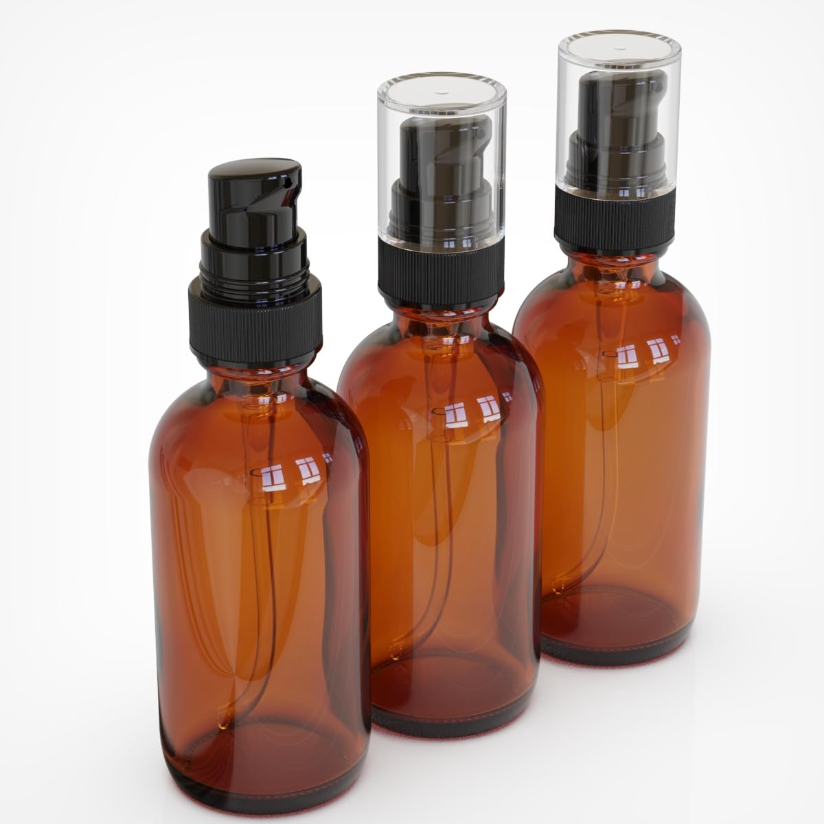 Jagolain 12Pack 2oz Amber Glass Pump Bottles, 60ml with Black Pump, Empty Refillable Travel Small Container For Lotion Cream Essentil Oil Shampoo (2oz)