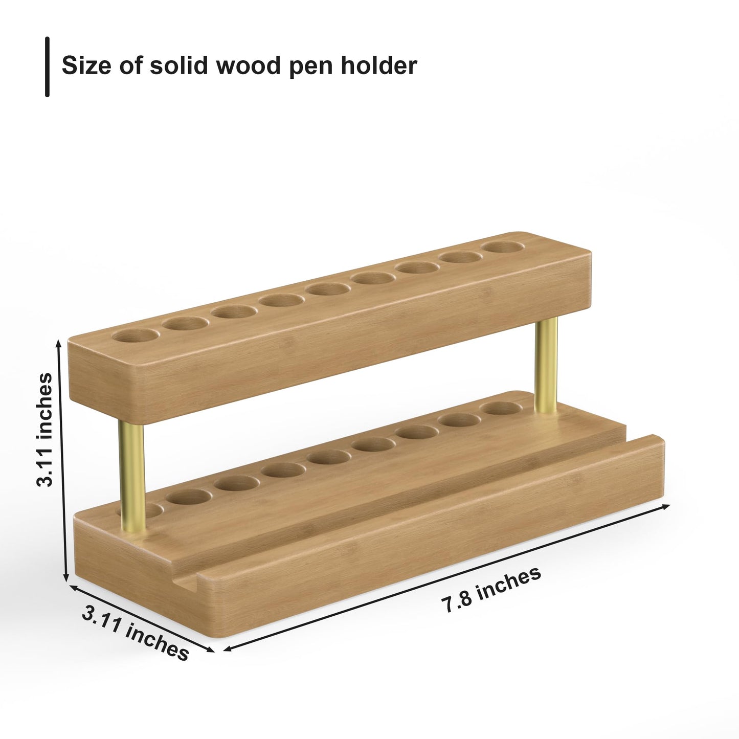 Cewomuc Wooden Holder for Office Desk, Solid Wood Pen Display Stand With 9 Slots and Cell Phone Holder, Aesthetic Pen Organizer for Minimalist Office Desk Decor (Wood+Gold)