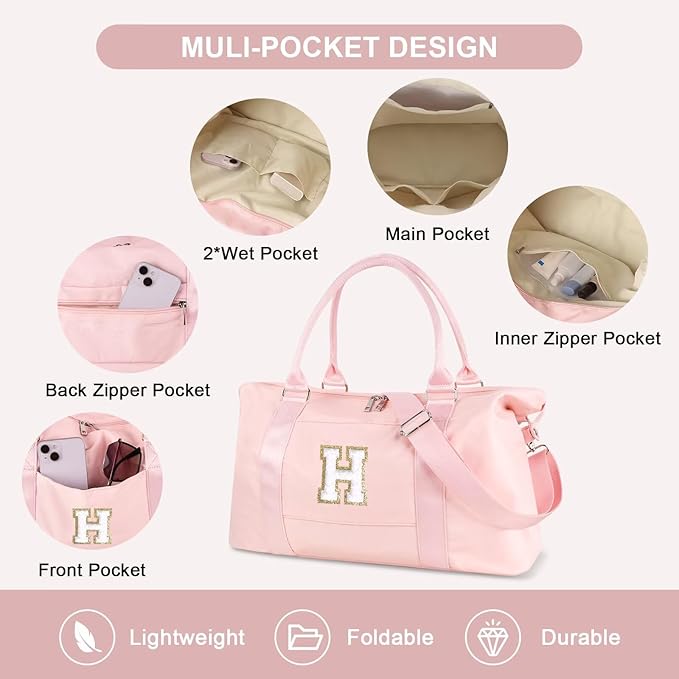 Dance Gym Duffel Bag for Teen Girls, Personalized Initial Travel Weekender Bag,Cute Overnight Carry On Duffle for Women,Sports Travel Cheer Bag,Monogram Christmas Gifts for Tween Preppy(pink-H)