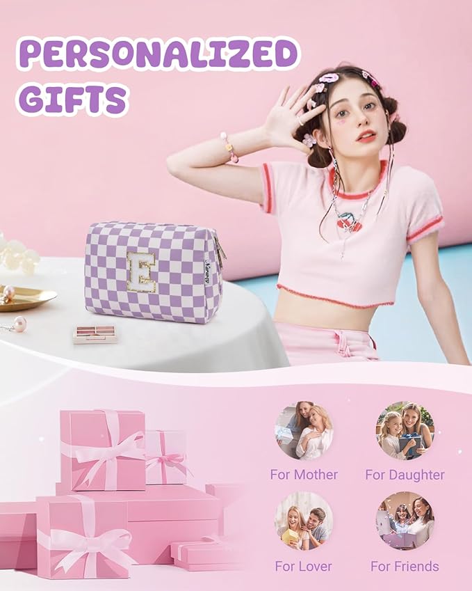 Narwey Birthday Gifts for Women Teen Girls Kids Personalized Initial Makeup Bag Monogram Preppy Cosmetic Bag Trendy Stuff 6 8 10 11 12 13 14 16 18 Years Old Travel Toiletry Bag (Purple E)