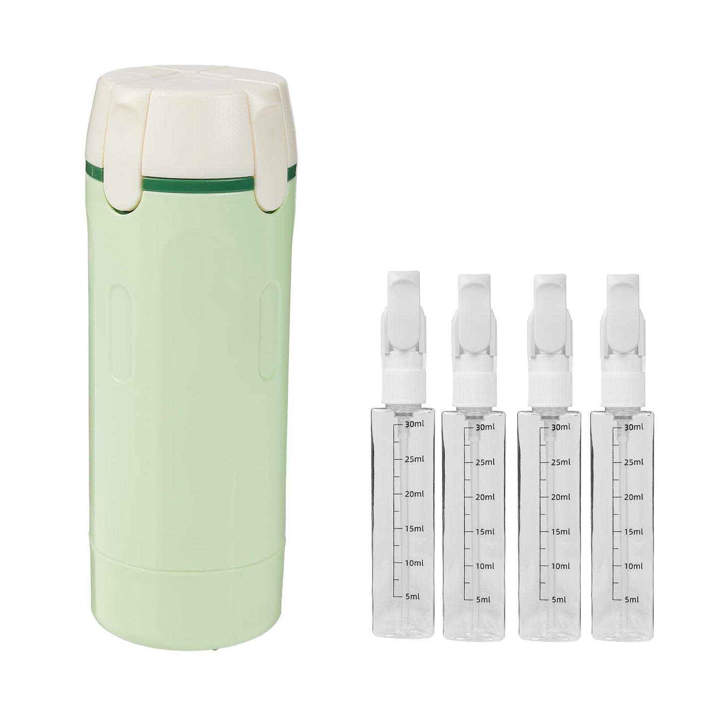 4 in 1 Travel Dispenser Bottle - Refillable Leak Proof and Portable for Shampoo, Conditioner, Shower Gel & Toiletries - Perfect for Vacation, Camping & Gym. (White+Green)