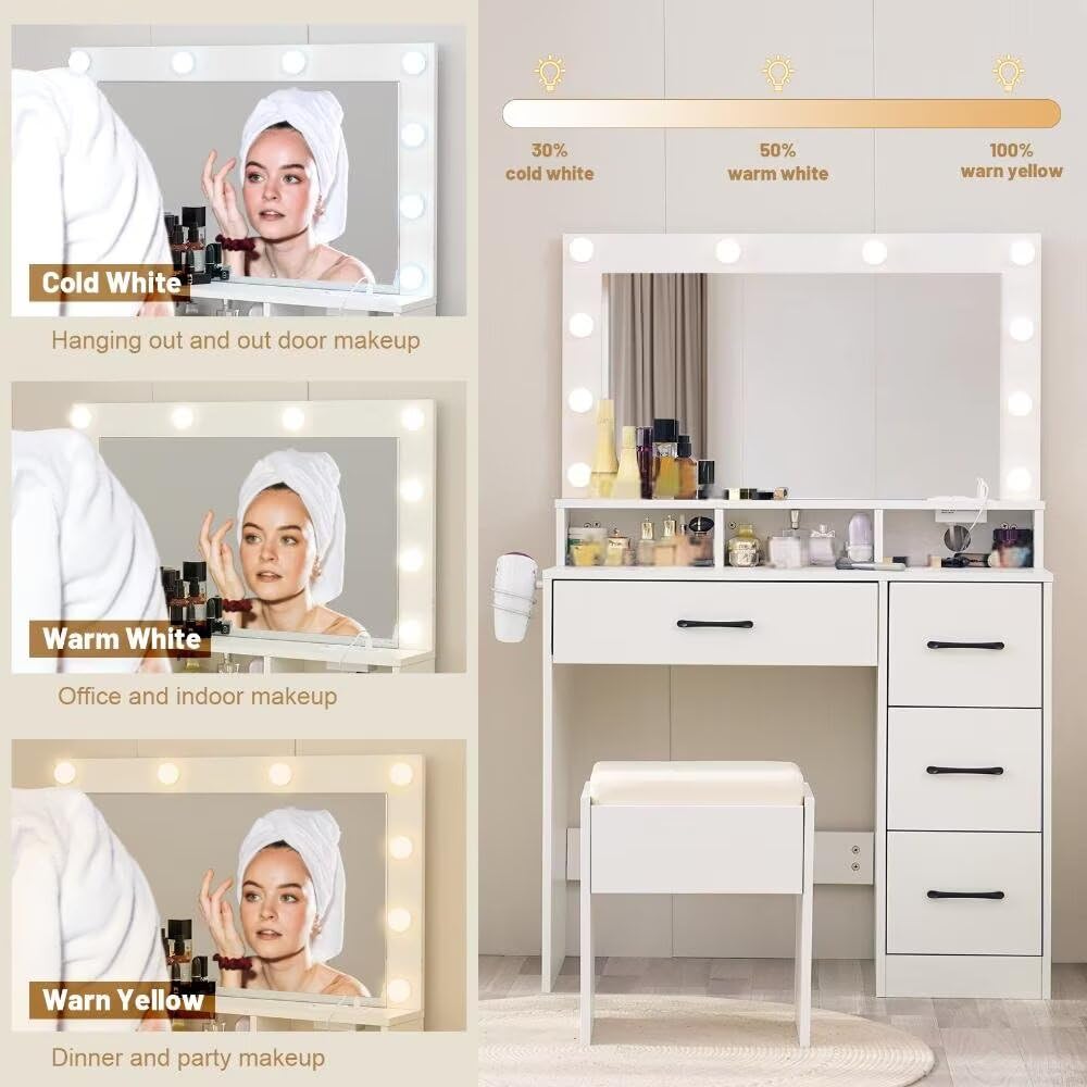 Skemic Big Vanity Mirror Desk with 4 Drawers Makeup Vanity Desk and Chair Makeup Vanity Desk