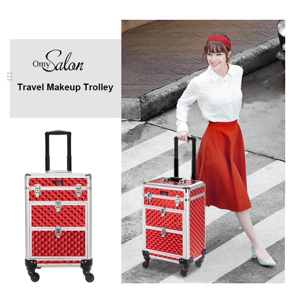 OmySalon Aluminum Rolling Makeup Train Case, Portable Makeup Organizer Suitcase, Cosmetic Storage Box, Travel Beauty Luggage Trolley Lockable w/4 Removable Wheels & 2 Sliding Drawers, Red