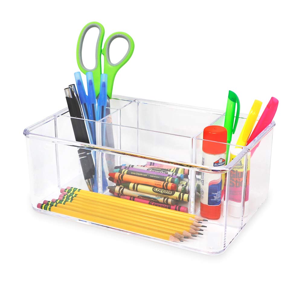 Isaac Jacobs 5-Compartment Clear Acrylic Organizer (10” L x 7” W x 4” H), Makeup Brush Holder, Tall Slot, Multi-Sectional Tray, Storage Solution for Makeup, School, Crafts, Office Supplies & More