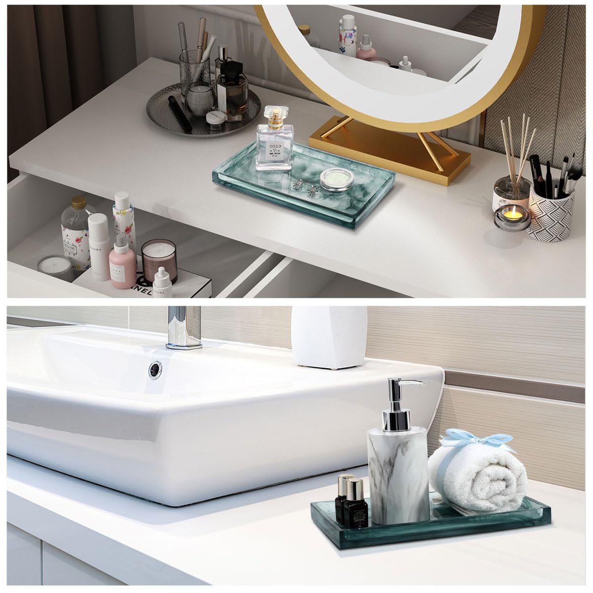 Emibele Bathroom Tray - Resin Countertop Vanity Tray with Jewelry Storage & Organizer for Candle, Plant, Perfume, Shampoo, Towel - Home Decor, Medium, Ink Green