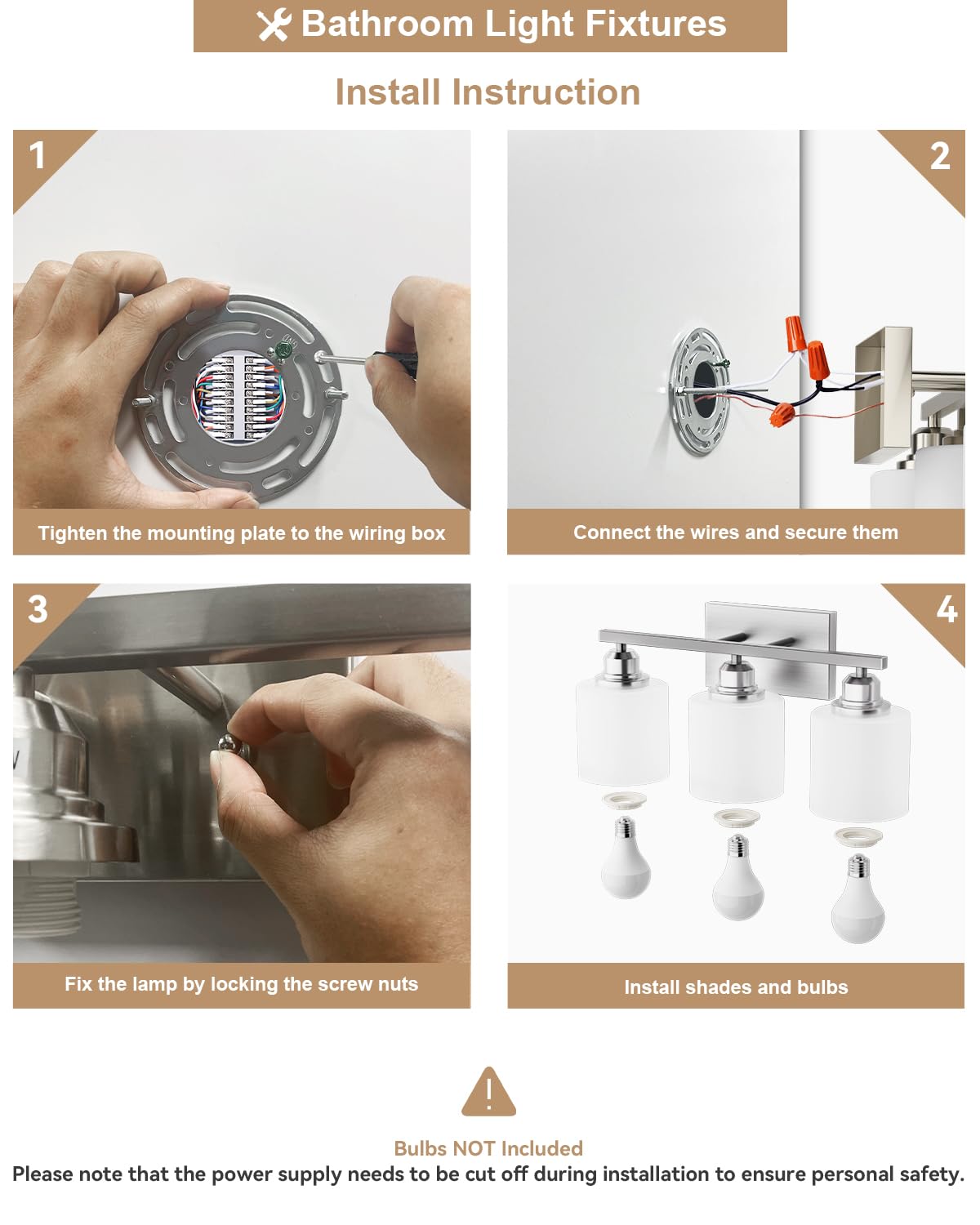 Sailstar Bathroom Light Fixtures Over Mirror, 3-Light Vanity Lights Brushed Nickel, Modern Bathroom Vanity Light, Glass Shade & Anti-Rust Nickel Finished, Bathroom Light for Small Space