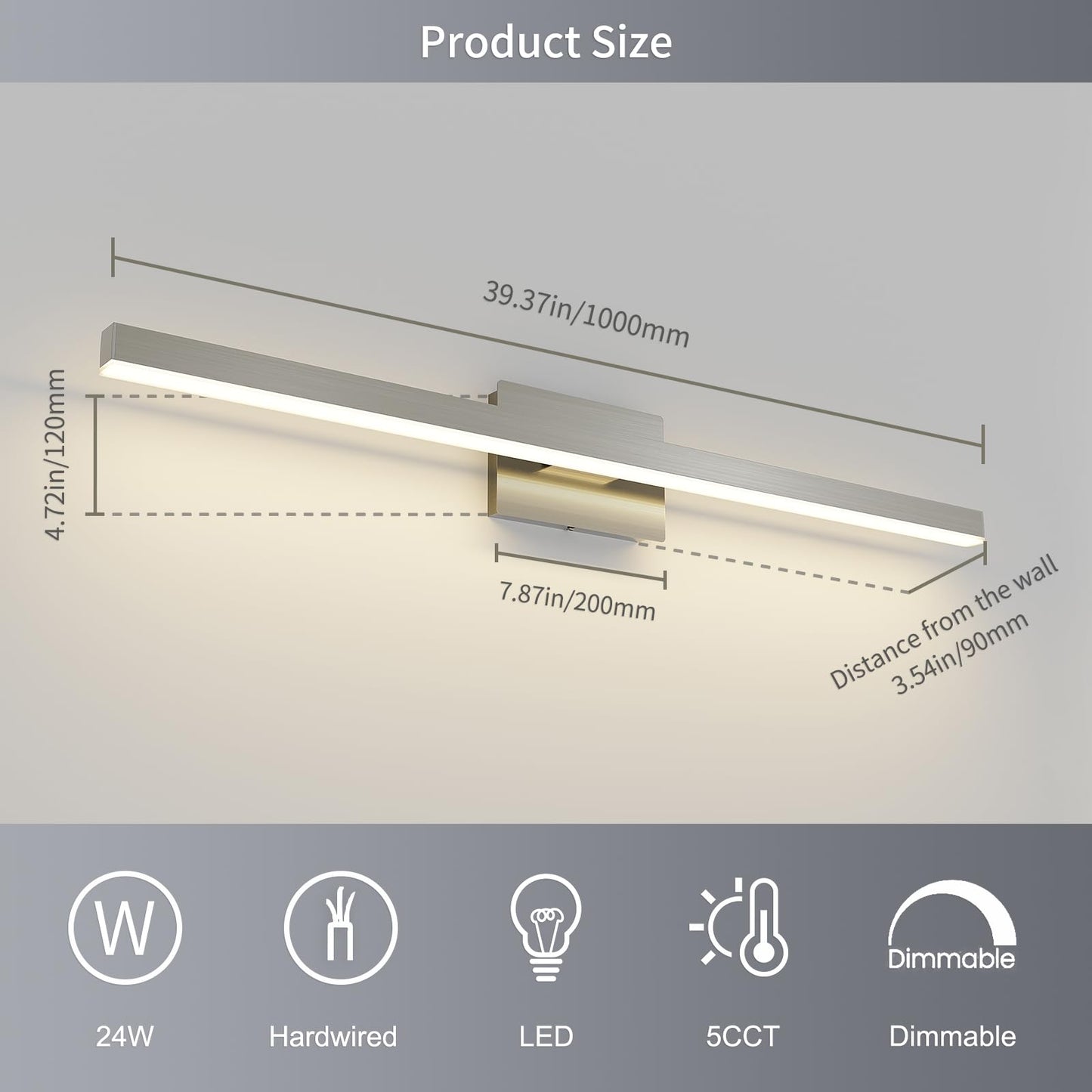Joossnwell Brushed Nickel Bathroom Vanity Light Bar 5CCT Dimmable Bathroom Light Fixtures Over Mirror Modern LED Vanity Lighting Bath Light ETL Certificated 39.37 inch