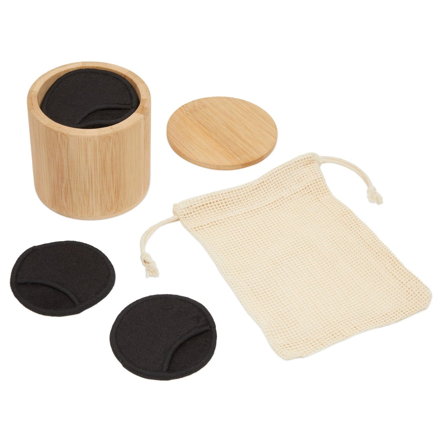18 Pack Reusable Cotton Rounds for Makeup Removal with Bamboo Holder and Mesh Storage Bag (Black)