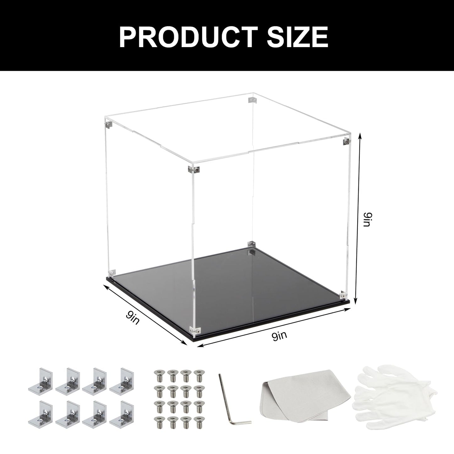 Kcgani Clear Self-Assembly Acrylic Boxes for Display, Transparent Display Case with Black Base and Lid, Cube Countertop Storage Boxes Glass Case for Collectibles Models Doll Boy Figurine, 9x9x9Inch