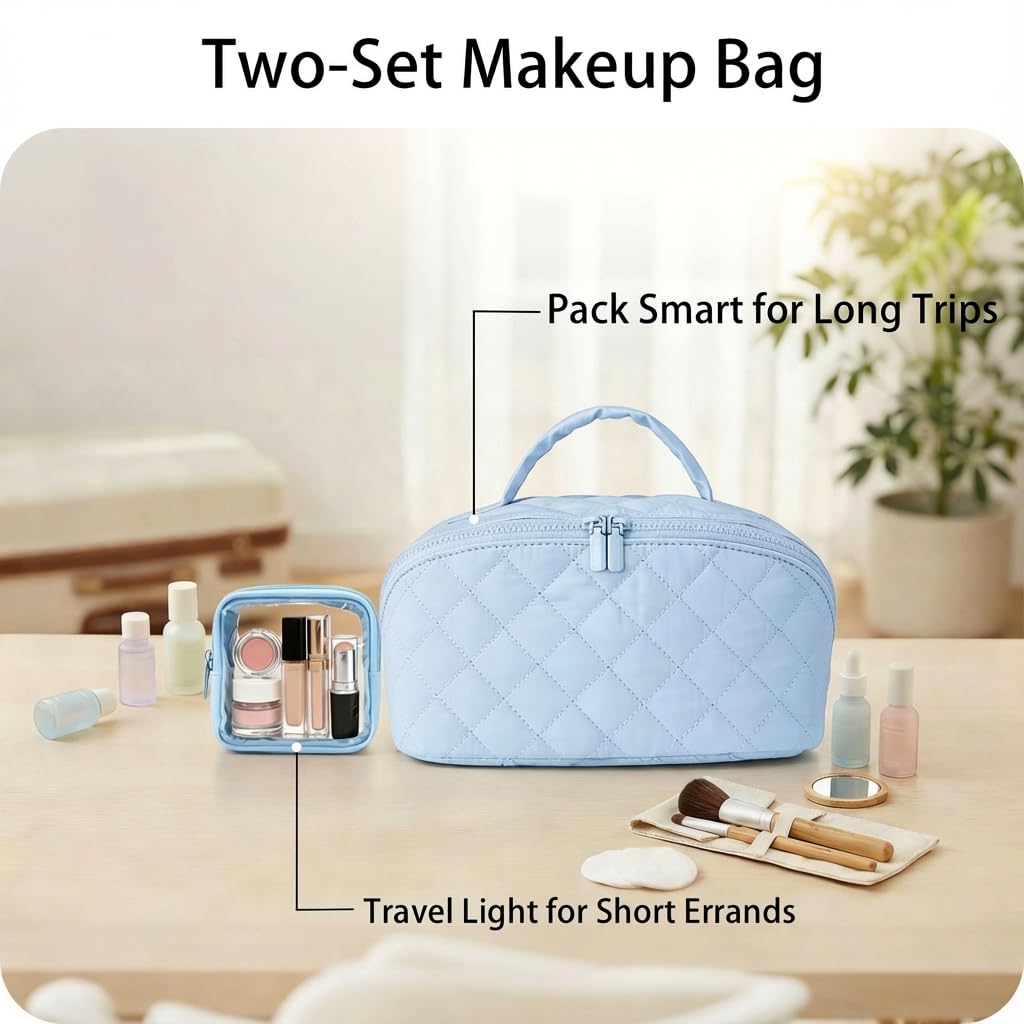 Gmkato Travel Makeup Bag for Women,Large Capacity Waterproof Makeup Organizer, Open Flat Toiletry Bag for Toiletries (Blue, Large)