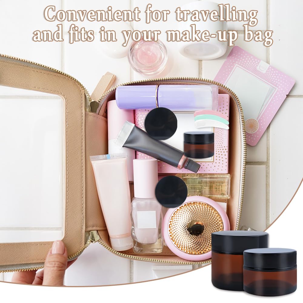 8PCS Amber Glass Jars, 1oz/2oz Cosmetic Containers with Inner Liners and Lids, Empty Round Sample Container with Label, Refillable Travel Jar for Cosmetics, Lotions, Creams