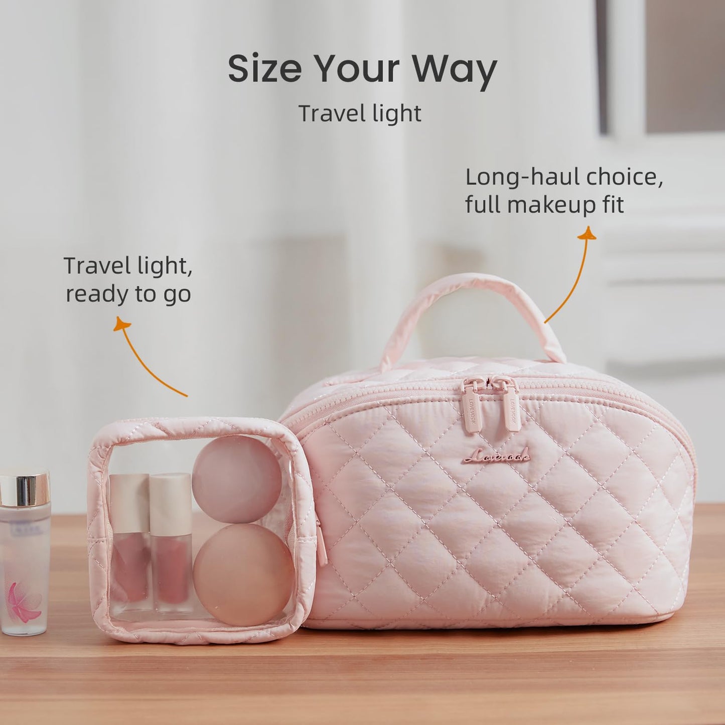 LOVEVOOK Travel Makeup Bag for Women, 2Pcs Puffer Waterproof Cosmetic Organizer, Large Capacity Pouch Open Flat Small Toiletry Bag with Brush Compartment & Handle (Pink-M, Medium)