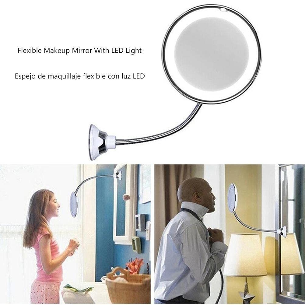 Masyrt 10X Magnifying Mirror with Light,Makeup Mirror with LED Light and Suction Cup,Flexible Gooseneck Make Up with Lights and Magnification for Travel Home Bathroom Vanity (White)
