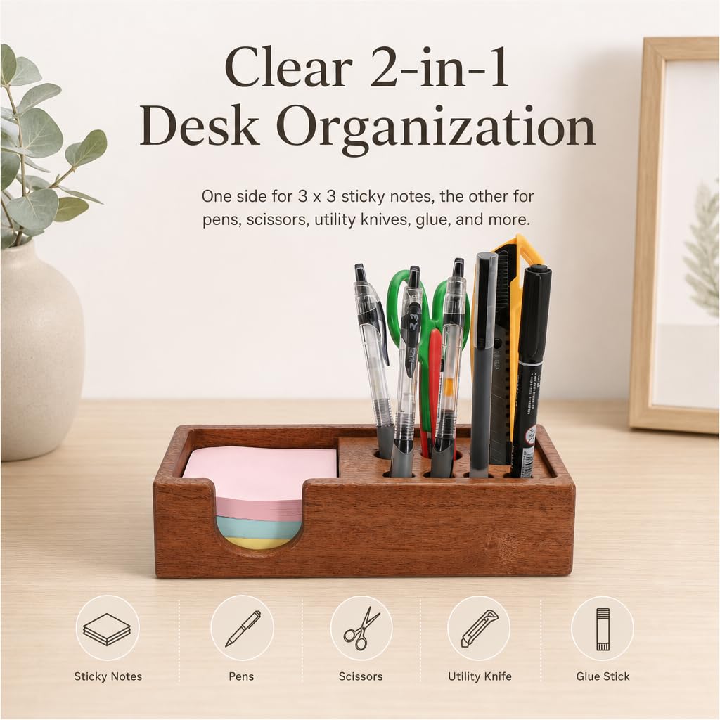 RiLiKar Wood Pencil Holder Pen Display Stand 3x3 Inch Sticky Note Holder