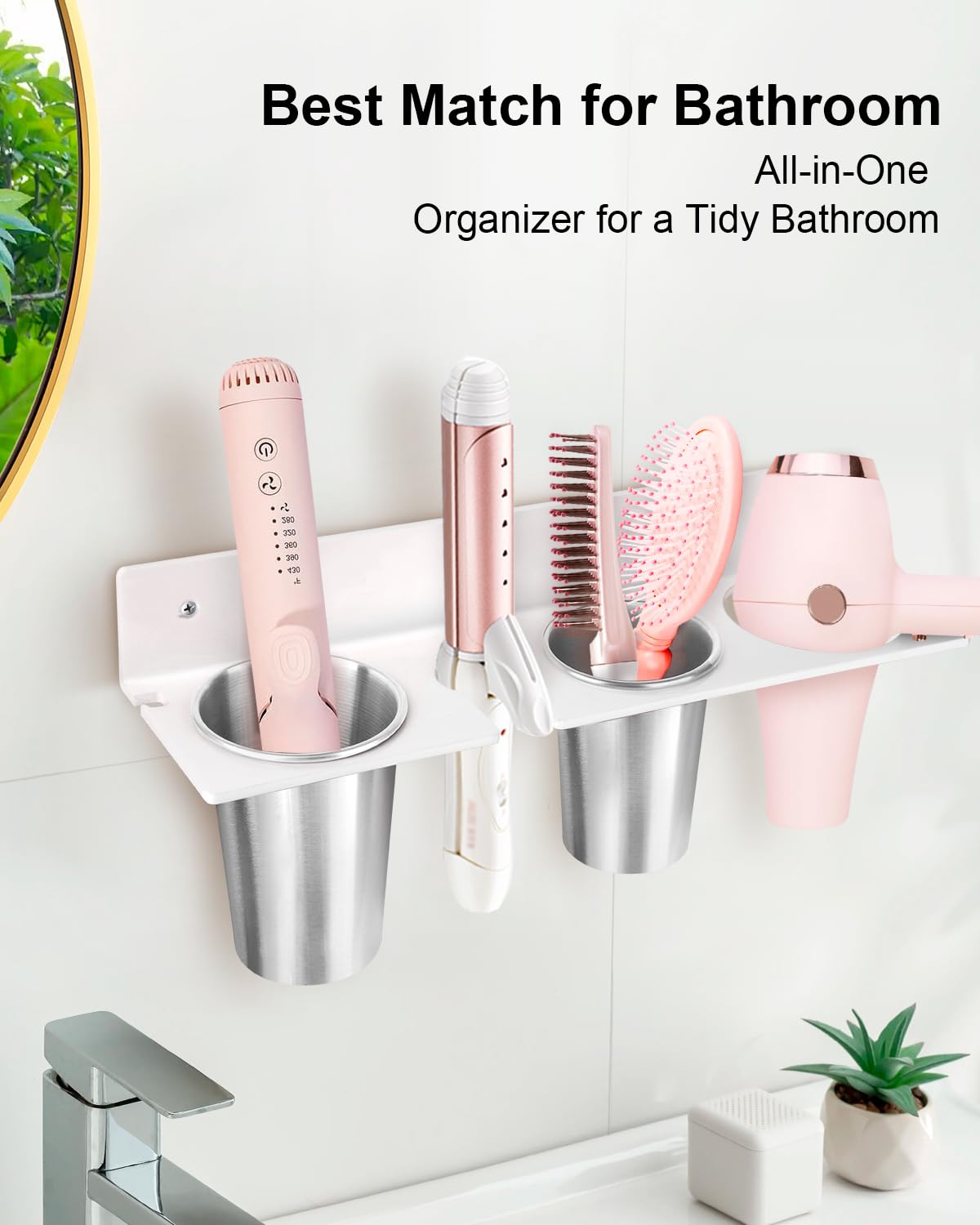 Bollmisde Hair Tool Organizer, Hair Dryer Holder with Heatproof Steel Cups, Acrylic Vanity Organizer for Curling Iron, Flat Iron & Hair Brushes, Perfect for Bathroom (White, Oversized)