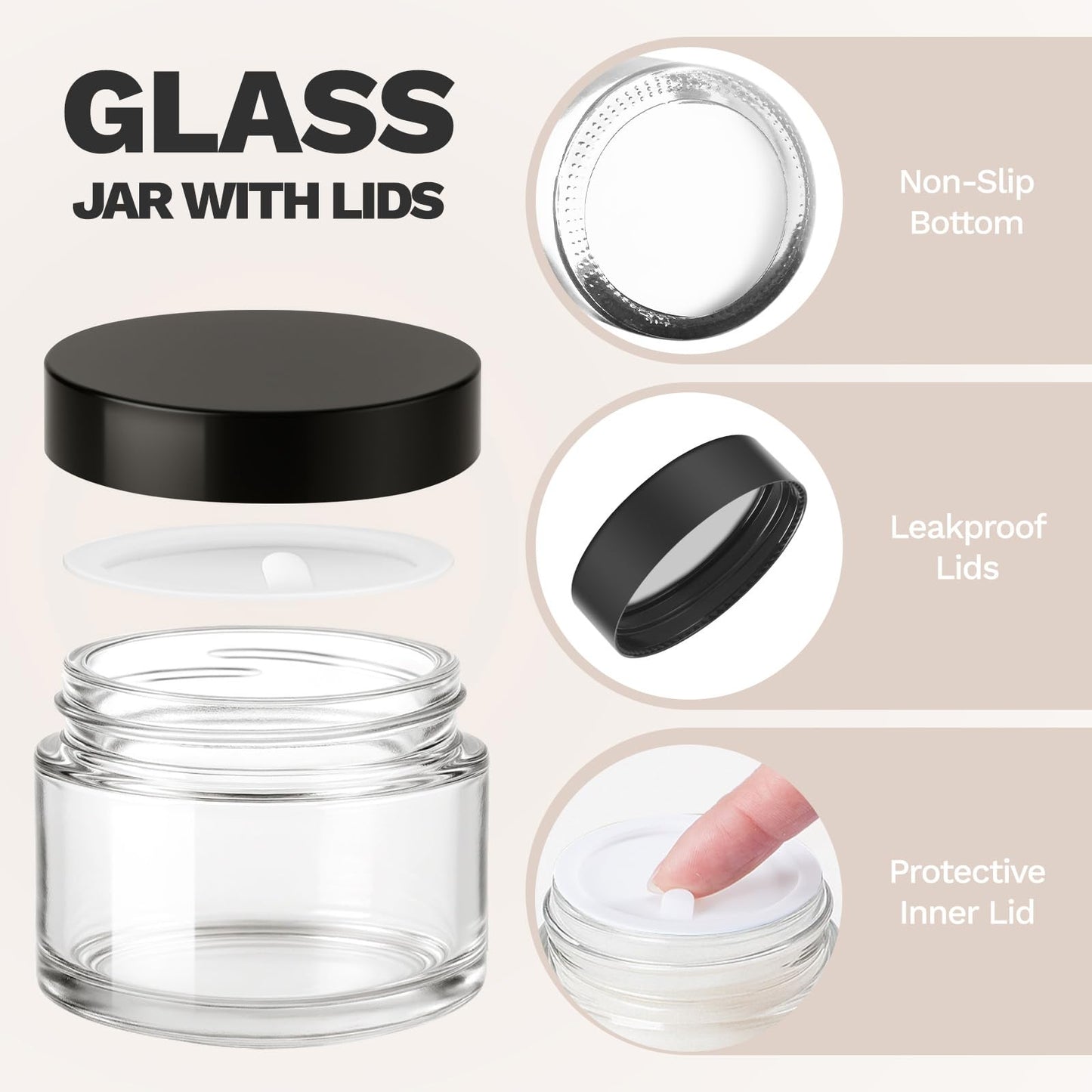 1 oz Small Glass Jars, Bumobum 48 pack Empty Round Clear Jars with Black Lids, White Labels & Inner Liners, Mini Cosmetic Containers for Cream, Lotion