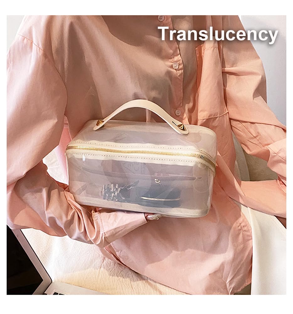 EURYNOME Clear Makeup Organizer Bag Semi Transparent Travel Makeup Bag Leather Handle Clear Cosmetic Bag with Zipper, Portable Cosmetic Organizer Large Makeup Bags for Women (white)