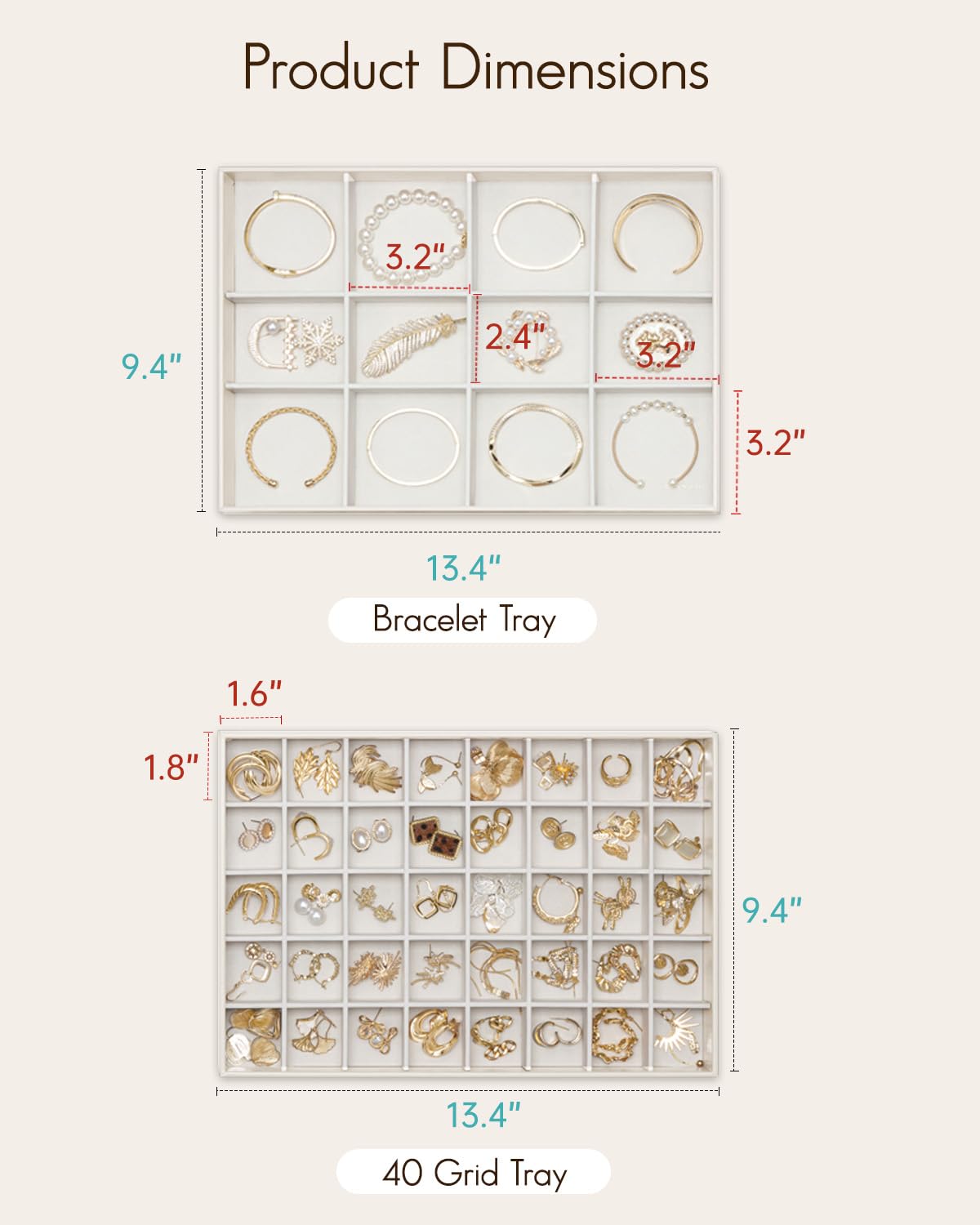 VLANDO Stackable Jewelry Tray, 40-Grid, Soft Velvet, Removable Dividers