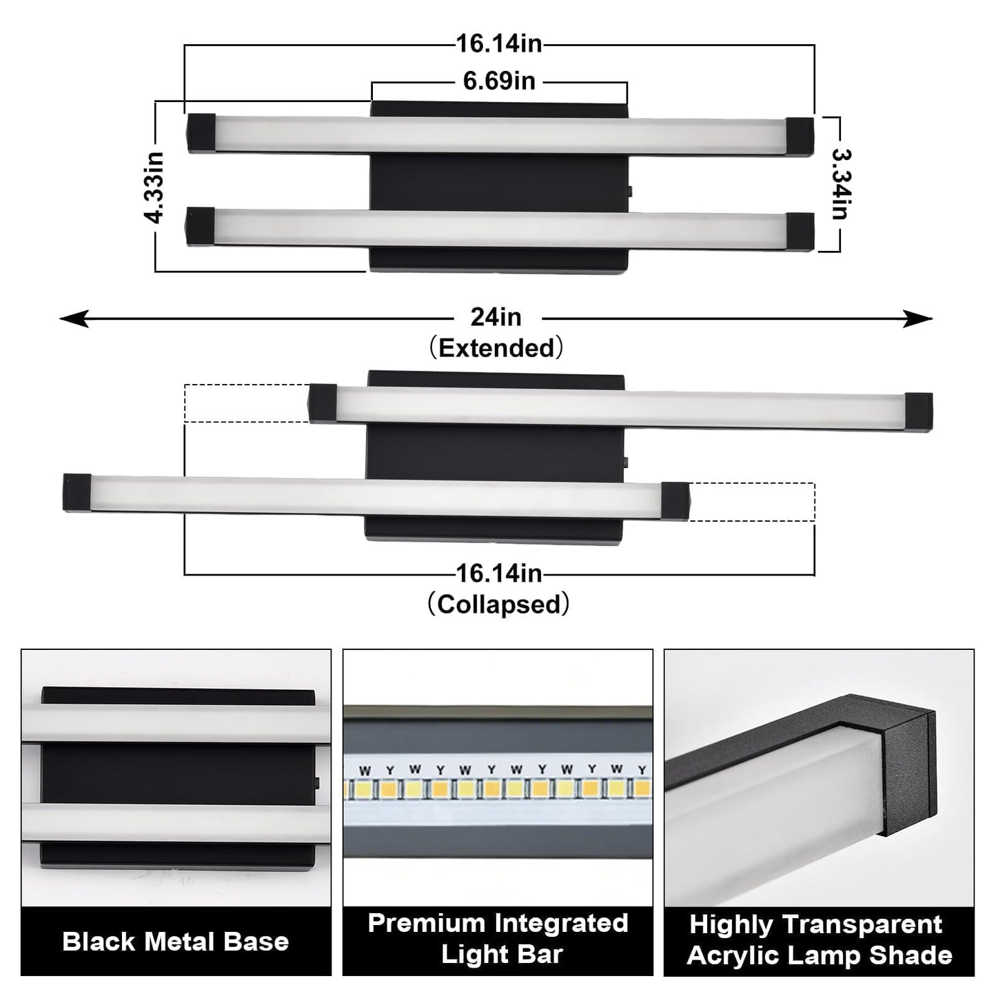 Bathroom Vanity Light Bar, 24 Inch Modern Black LED Vanity Light, 18W 3 CCT 3000K 4000K 6000K Dimmable Hardwired Bathroom Light Fixtures Over Mirror for Bathroom, Hallway, Powder Room, Washroom