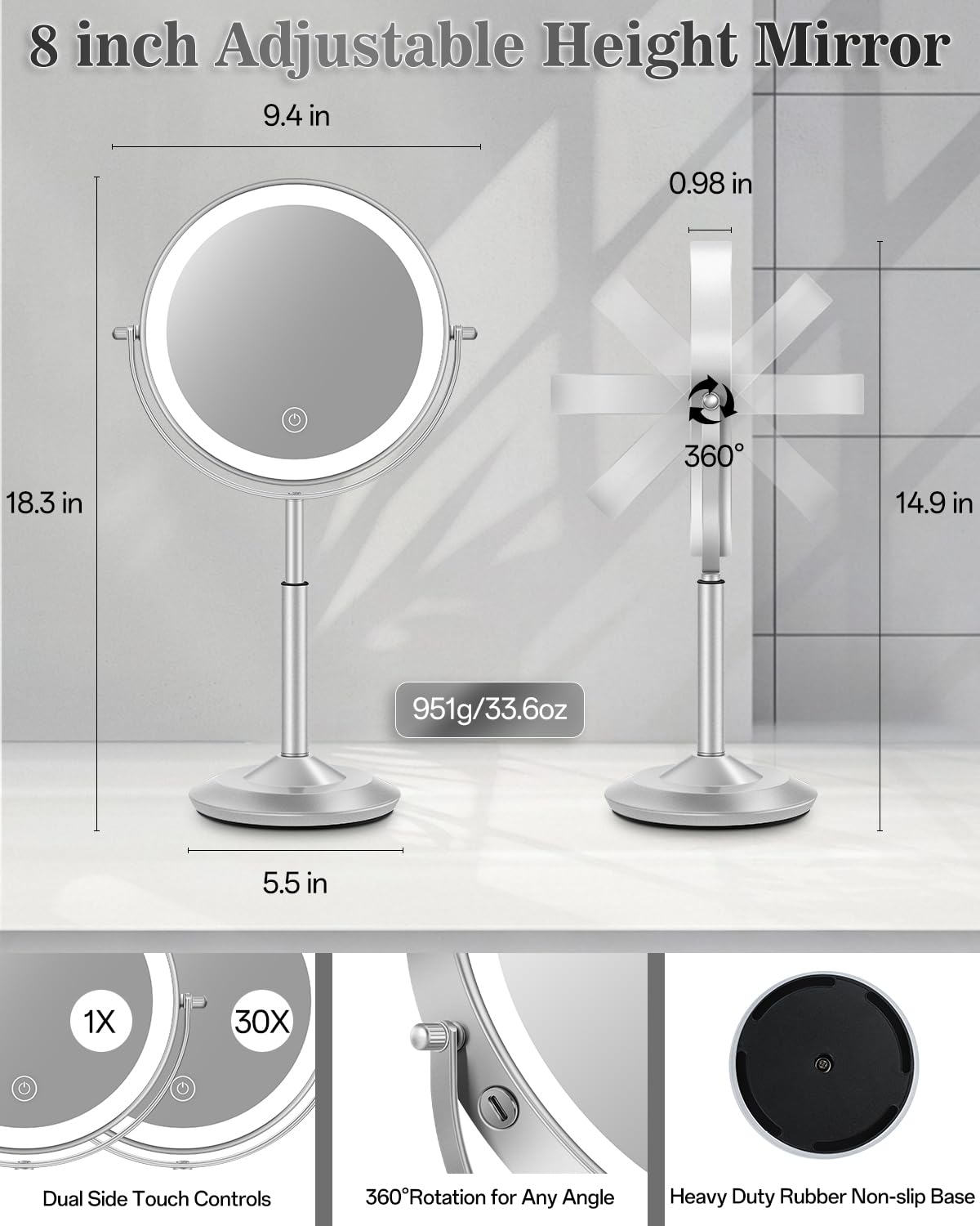 vpu Makeup Mirror with Lights, 1X/30X Lighted Magnifying Mirror Height Adjustable, 3000mAh Rechargeable Double Sided Vanity Mirrors with 3 LED Lighting and Adjustable Brightness for Desk Women Gift