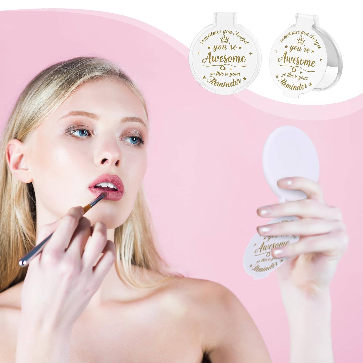 Gulfmew 18 Pcs 2.76 Inch Inspirational Compact Mirror Bulk Women Small Gifts Graduation Mothers Day Party Favors Purse Mirror Pocket Mini Items for Adult Coworker Cheerleader Swag Bag (White)